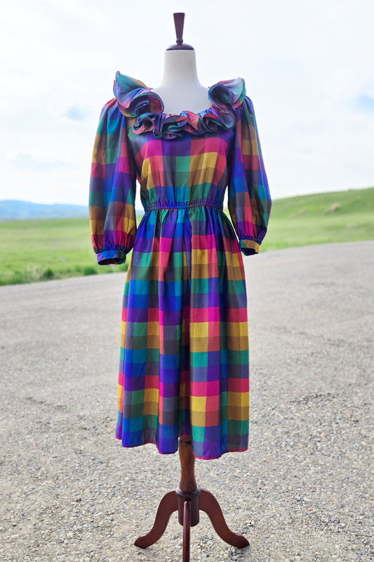 Donna Morgan Vintage 1980s Rainbow Plaid Ruffle Collar Dress - medium