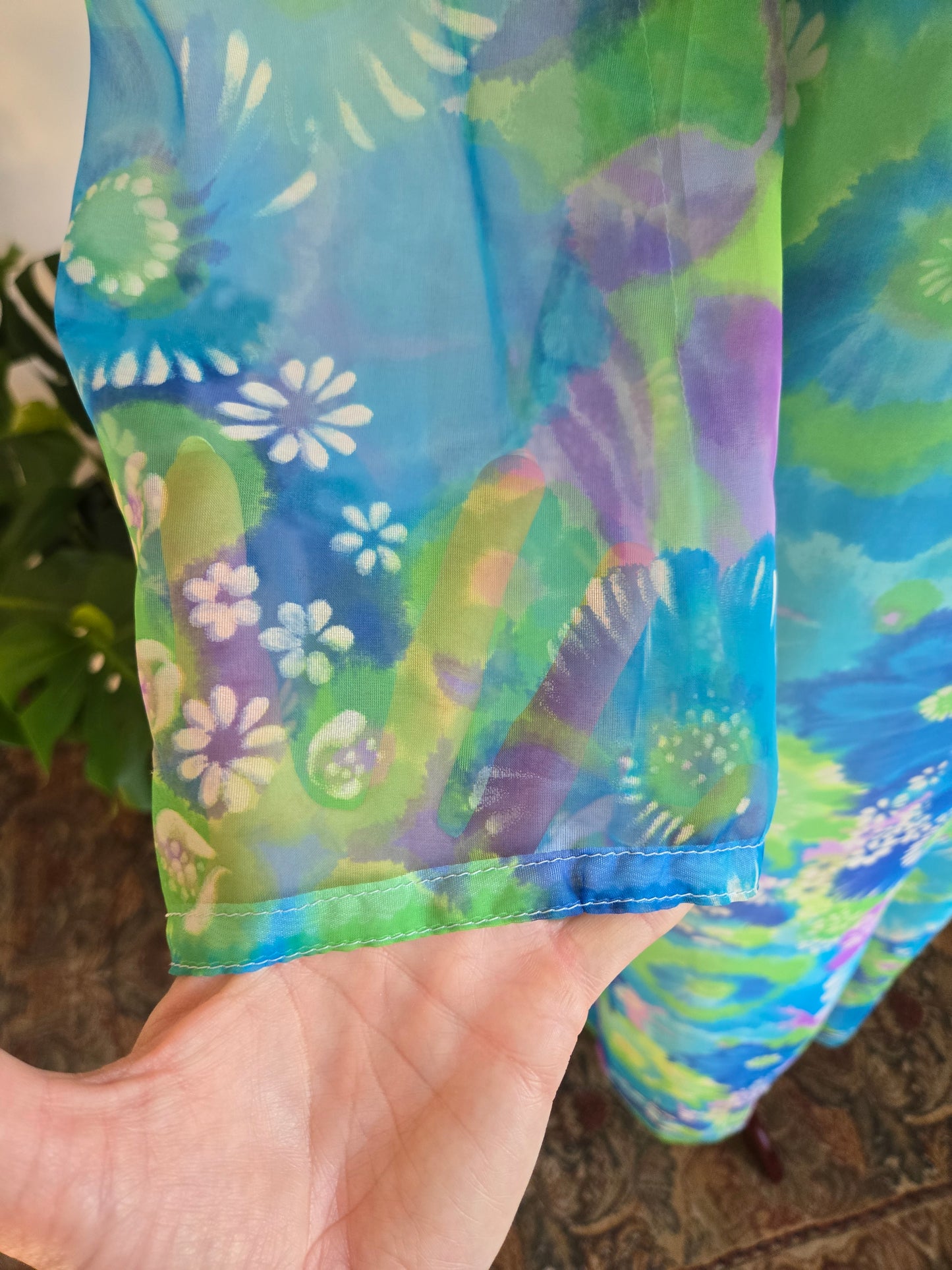 Vintage 70s Blue and Purple Psychedelic Floral Print Maxi Dress -