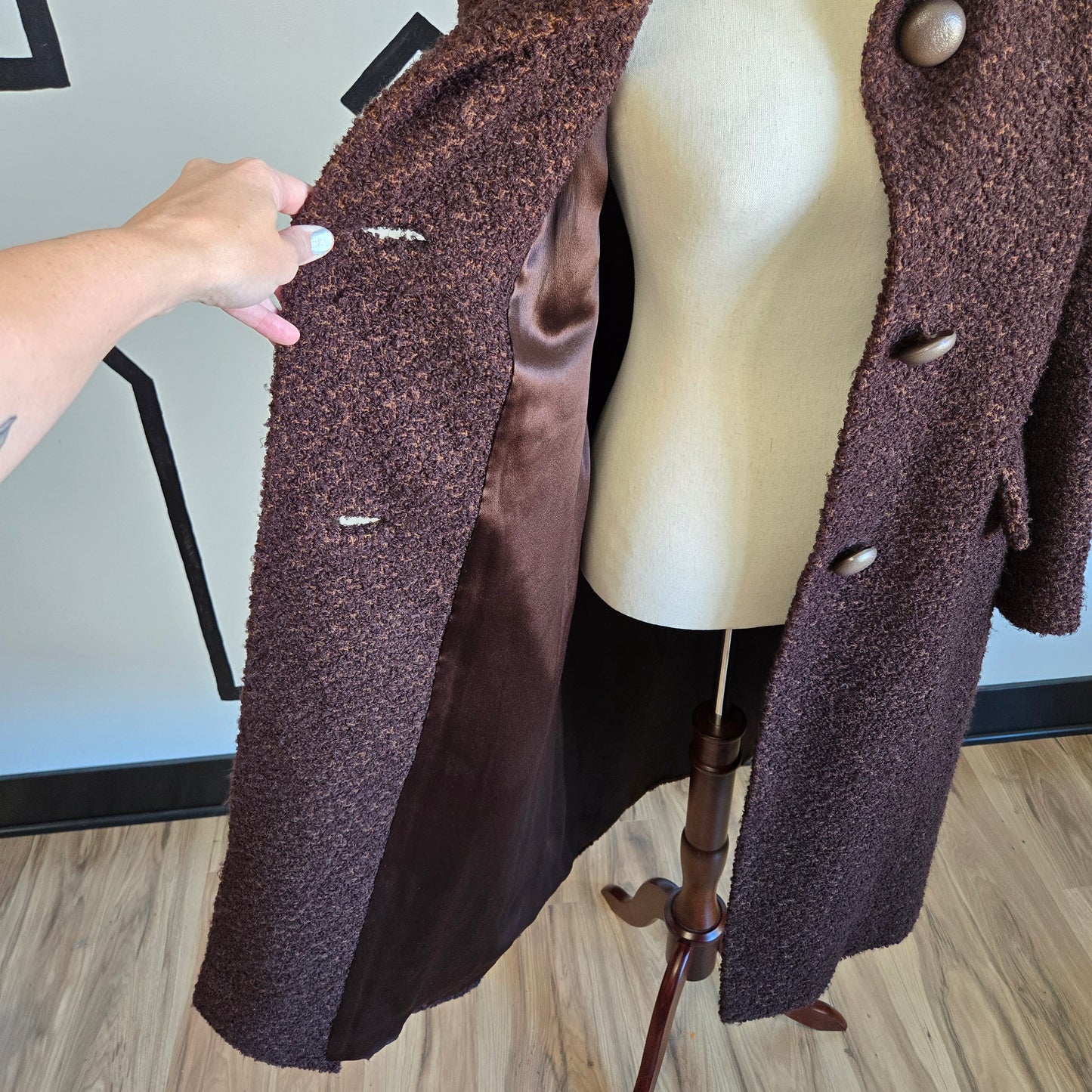 Vintage 1950s Union Made Curly Wool Peacoat with Brown Fur Collar - Large