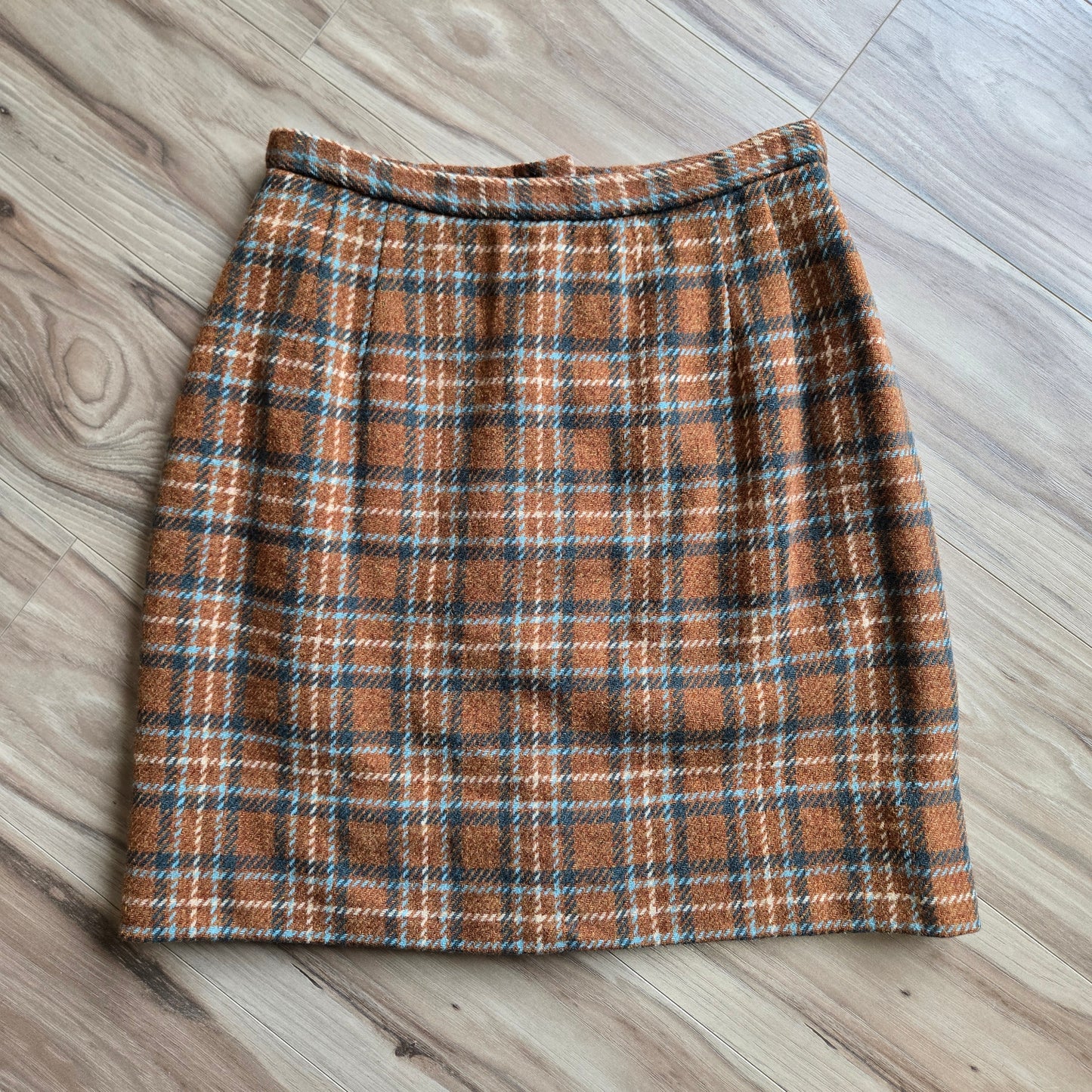 Vintage 1950s Handmade Burnt Orange and Teal Wool Mini Skirt - 27" waist