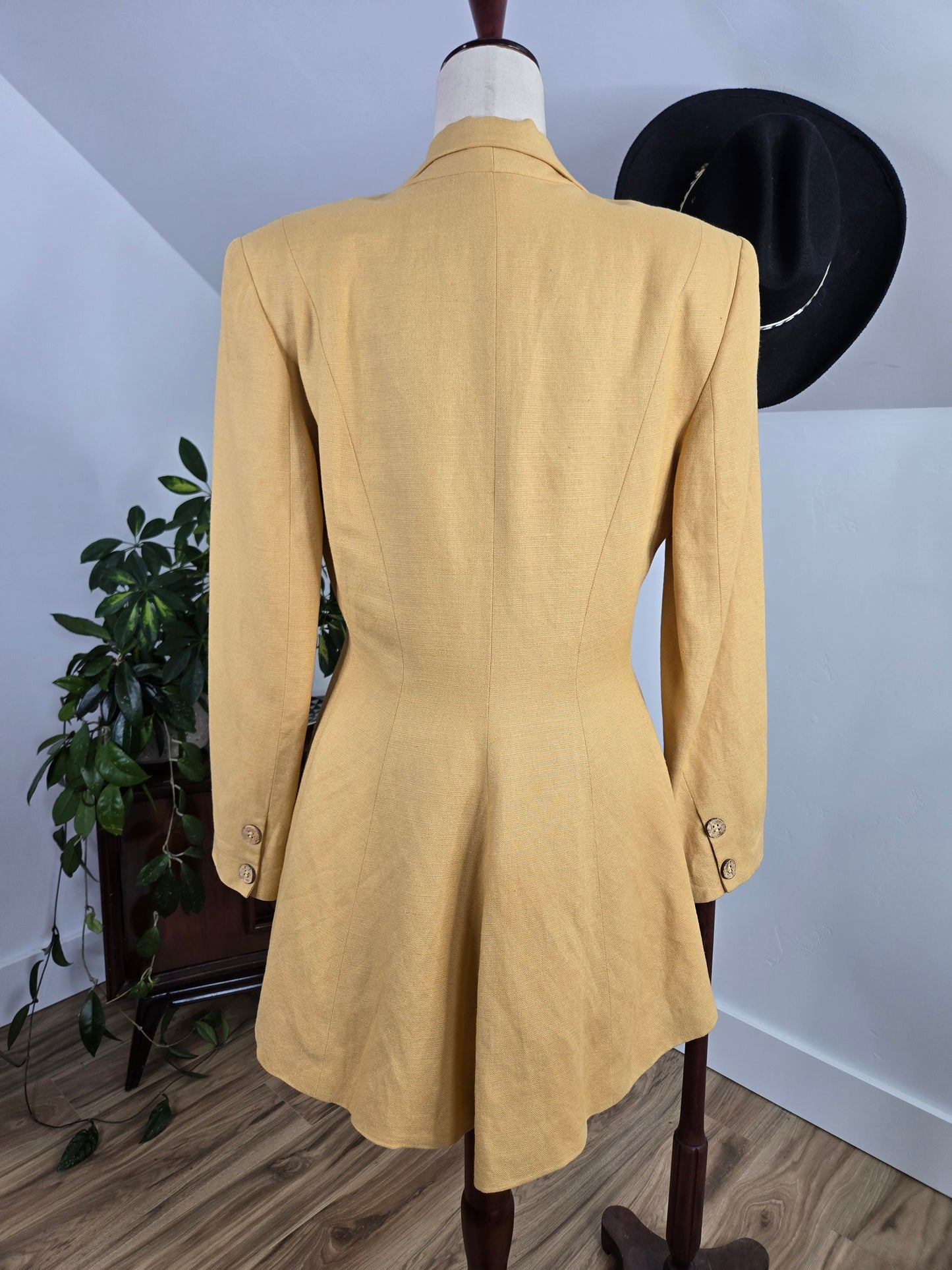 Moschery Vintage Mustard Yellow Linen Peplum Back Blazer - medium
