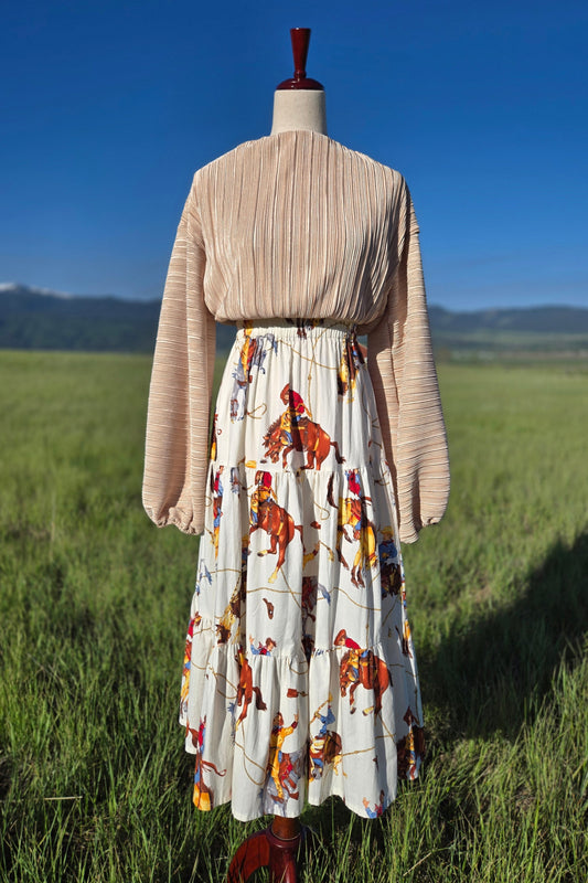 Diamond L Western Wear Cotton White Cowboy Print Skirt - XS