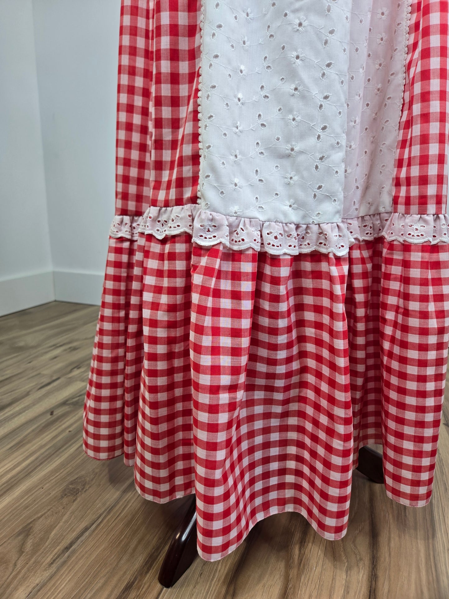 Vintage 60s Prairecore Red Gingham Dress with Eyelet Lace - small/medium