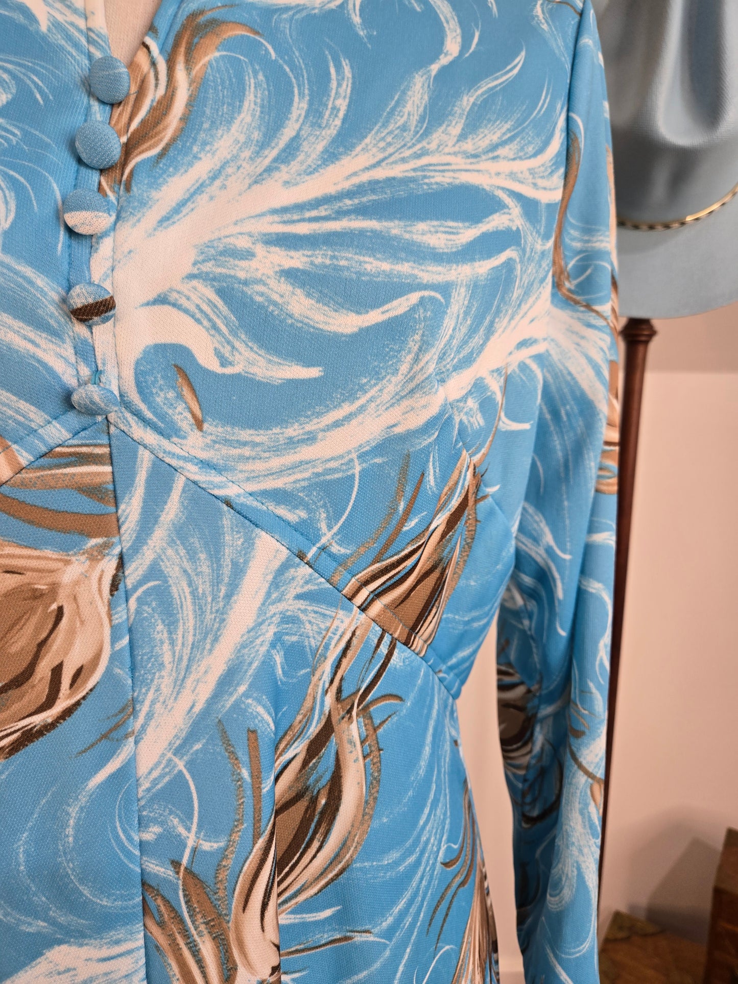 Sears Vintage 60s Blue Feather Print Dress - large