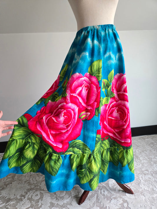 Vintage Barkcloth Large Flower Skirt - XS-M