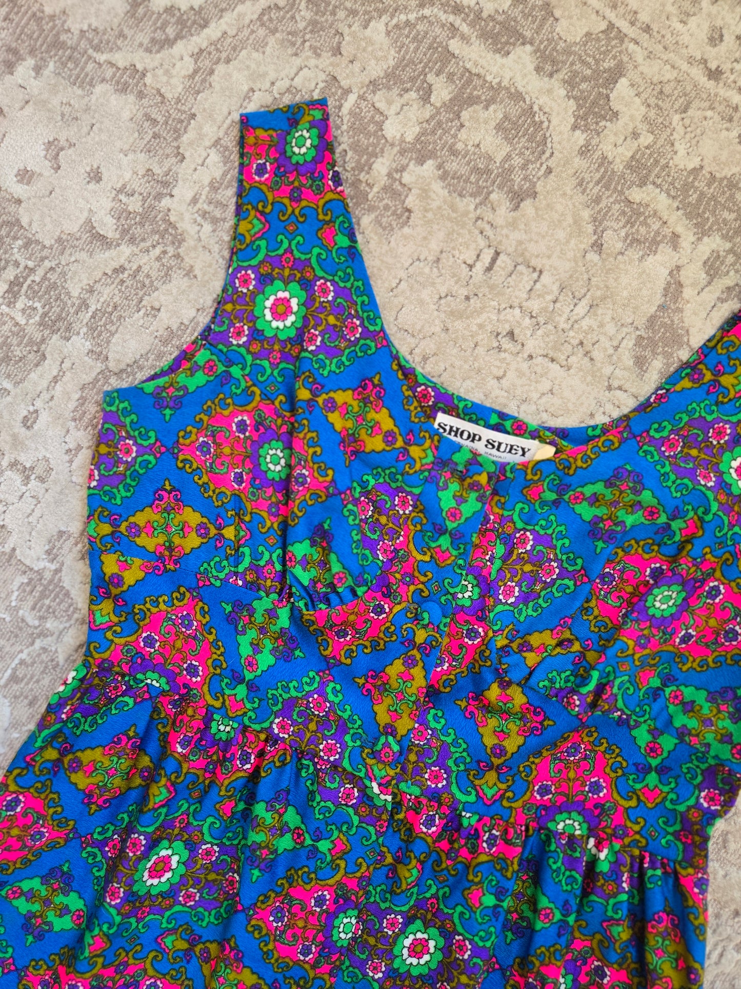 Shop Suey Hawaii Acrylic Barkcloth Dayglo Print Dress - S/M