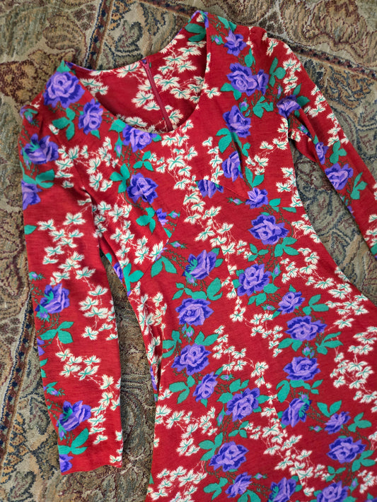 Vintage 70s Red Floral Psychedelic Print Maxi Dress - Small