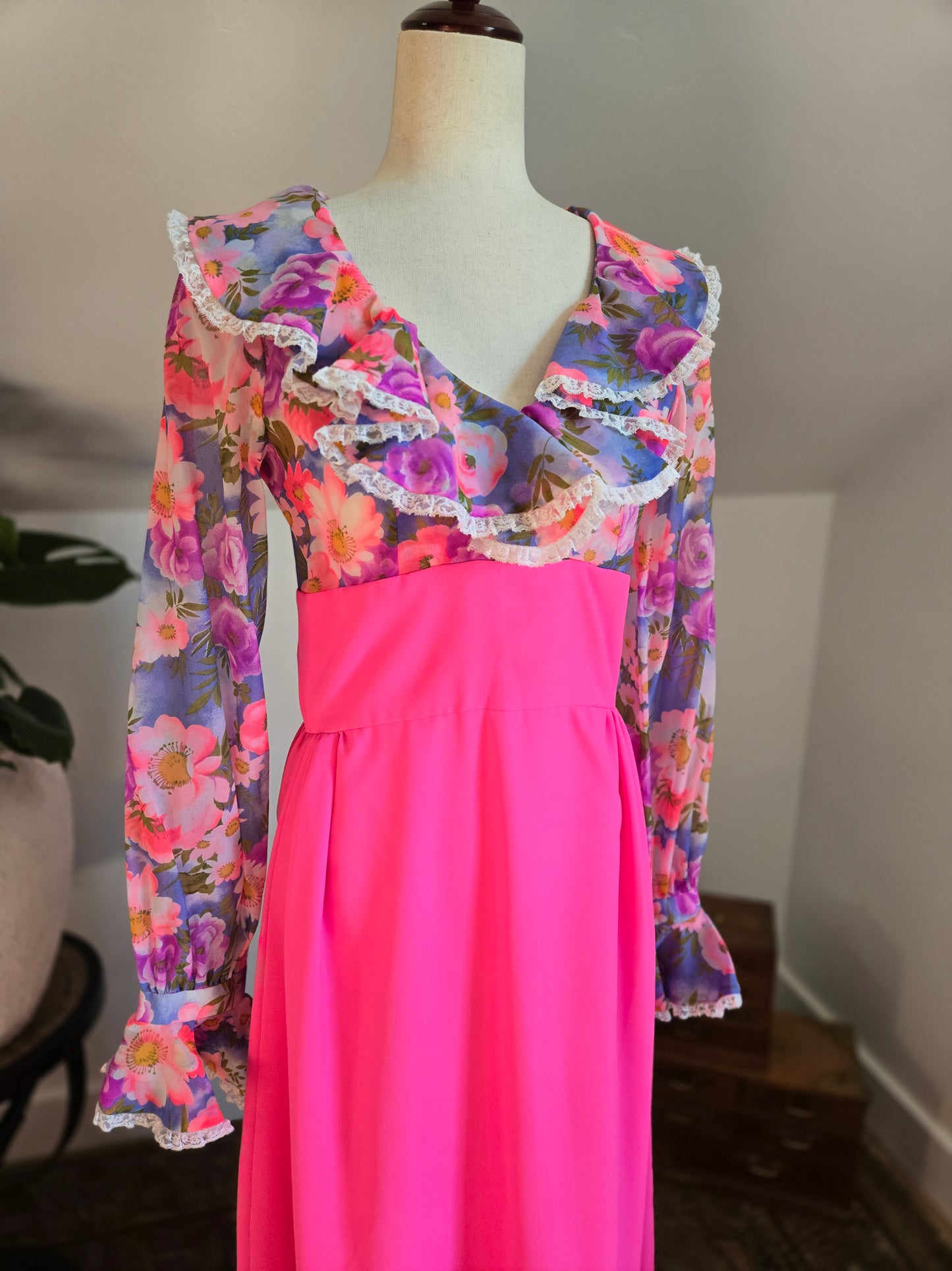 Vintage 1970s Hot Pink Flower Power Maxi Dress - medium