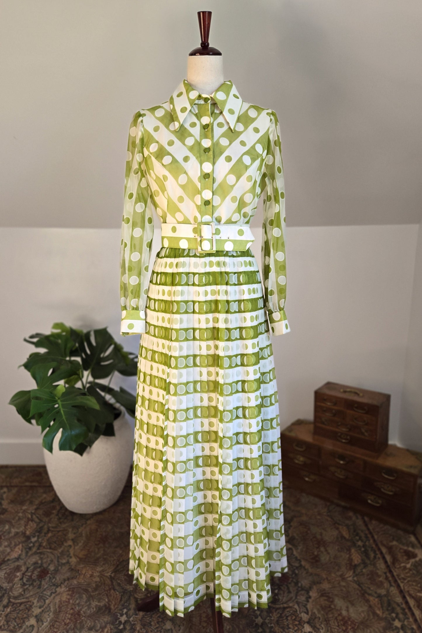 Coco California Vintage 1970s Green and White Polka Dot Stripe Dress -