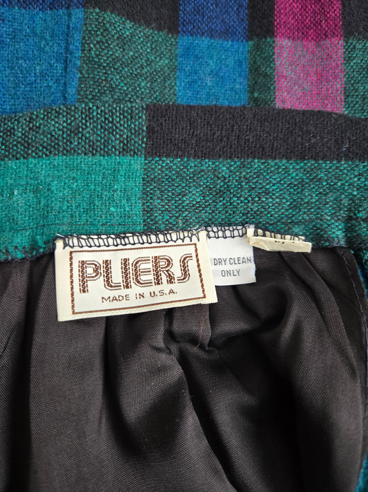 Pliers Vintage 70s Wool Colorful Plaid A-Line Skirt - W24"