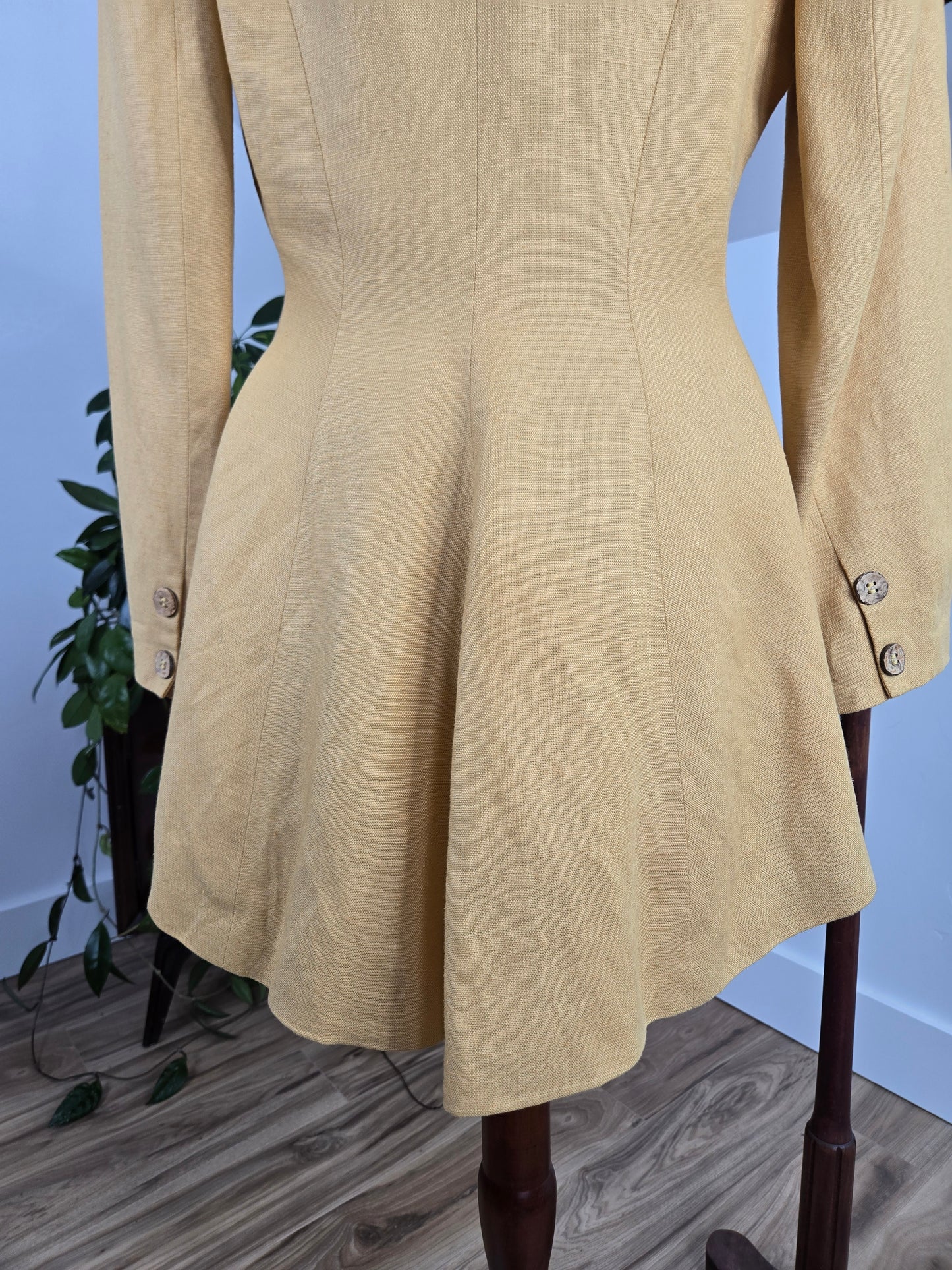 Moschery Vintage Mustard Yellow Linen Peplum Back Blazer - medium