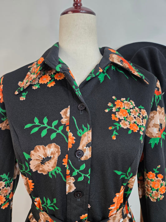 Vintage 70s Black Floral Union Made Mini Dress - medium