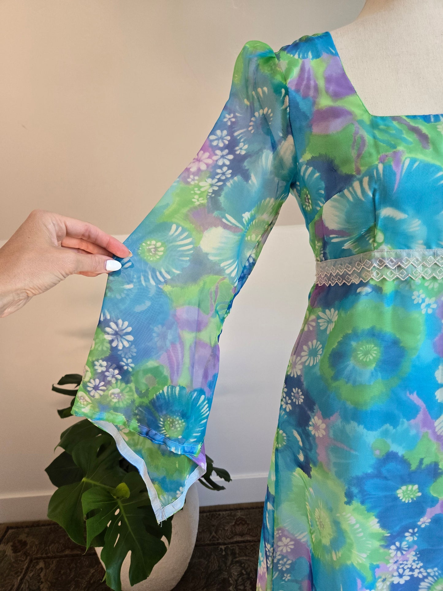 Vintage 70s Blue and Purple Psychedelic Floral Print Maxi Dress -