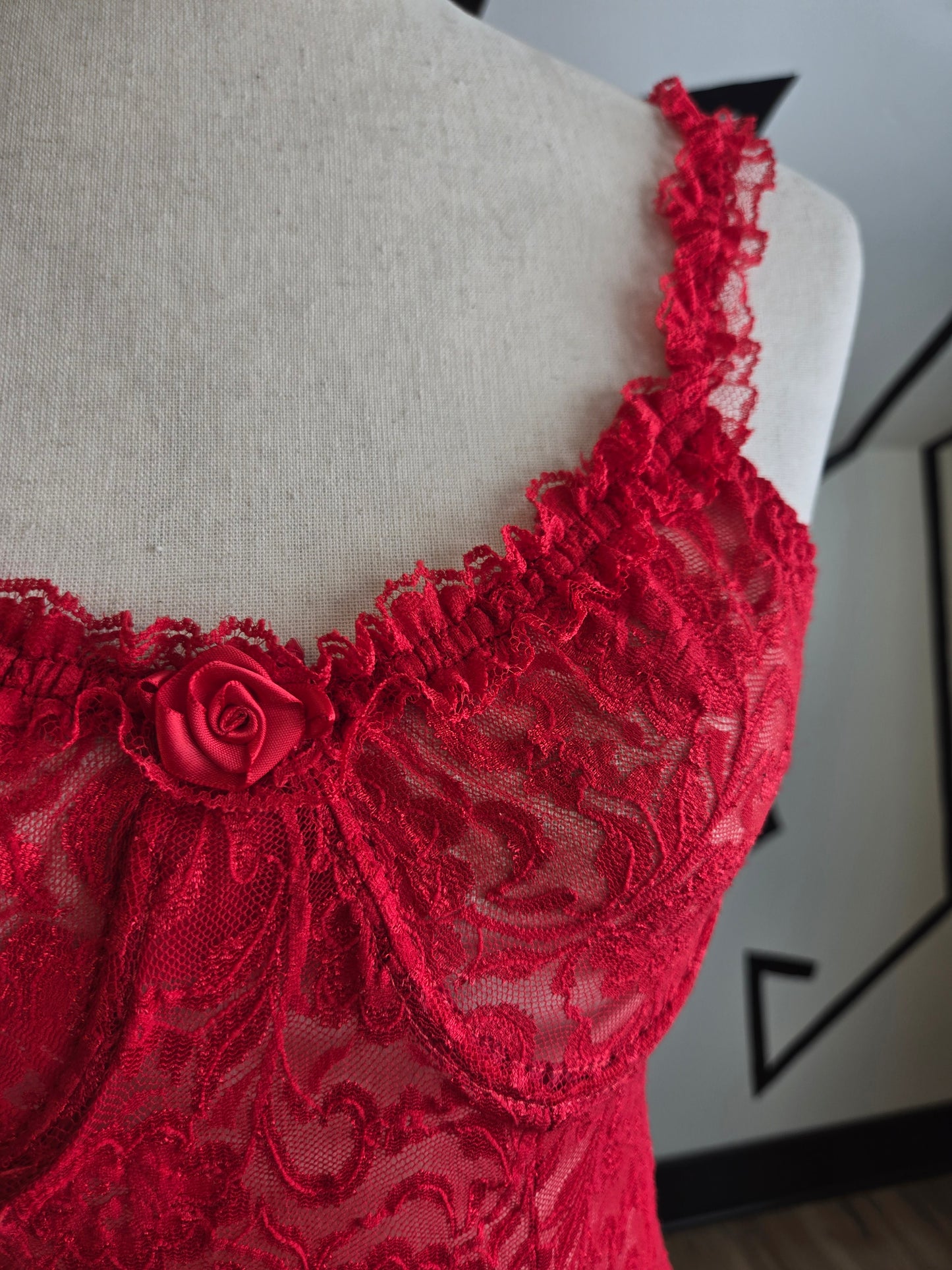 Inner Most Vintage Red Lace Shear Dress with Boning in Bust - medium