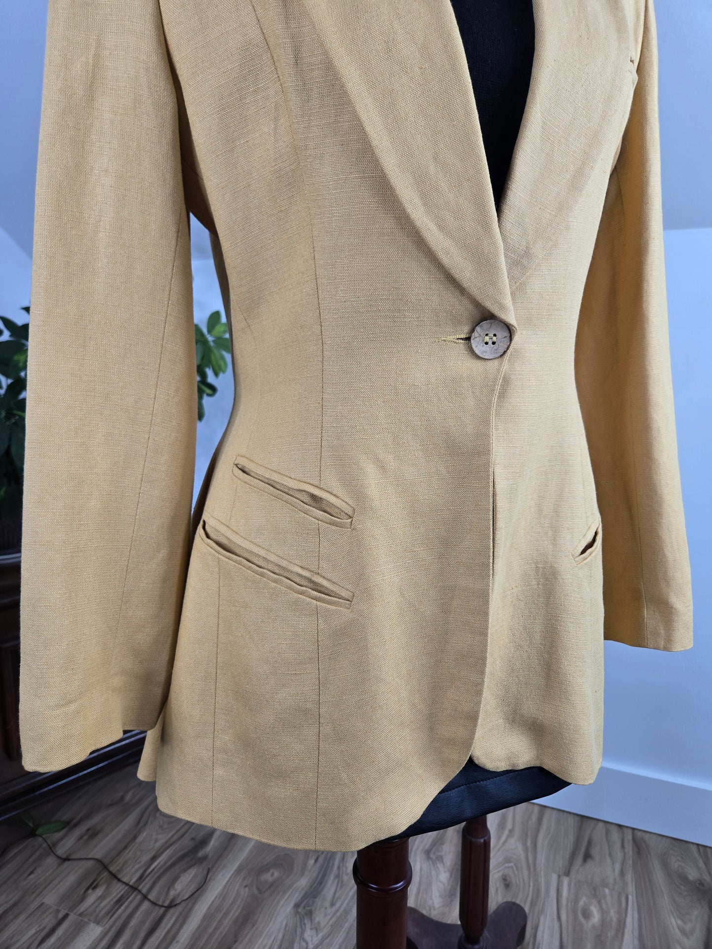 Moschery Vintage Mustard Yellow Linen Peplum Back Blazer - medium