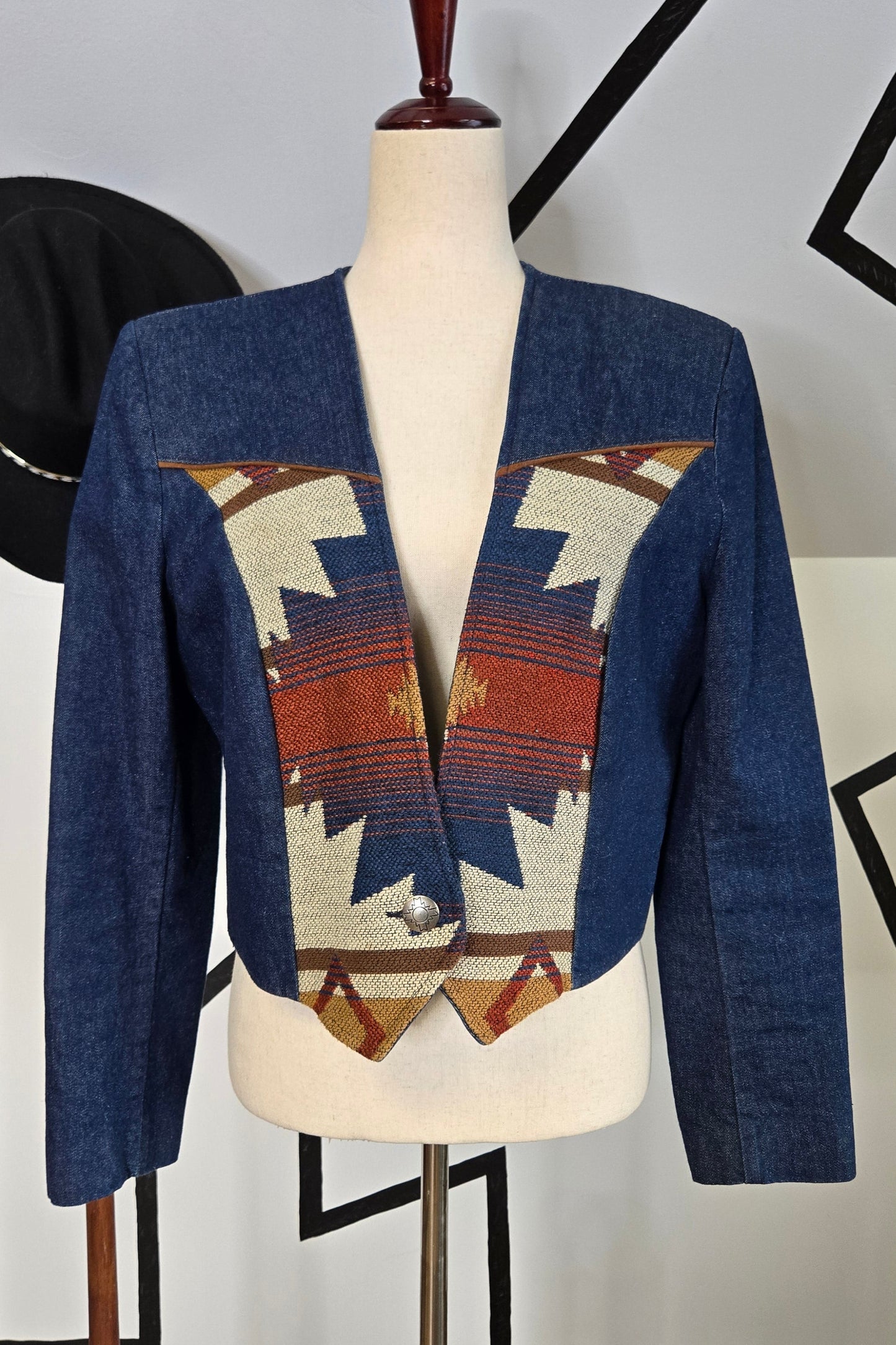 Pioneer Wear Vintage 80s Denim and Tapestry Crop Jacket - Large