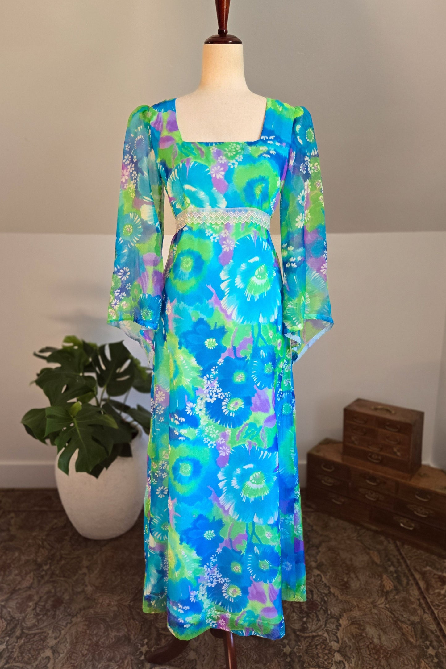 Vintage 70s Blue and Purple Psychedelic Floral Print Maxi Dress - XS