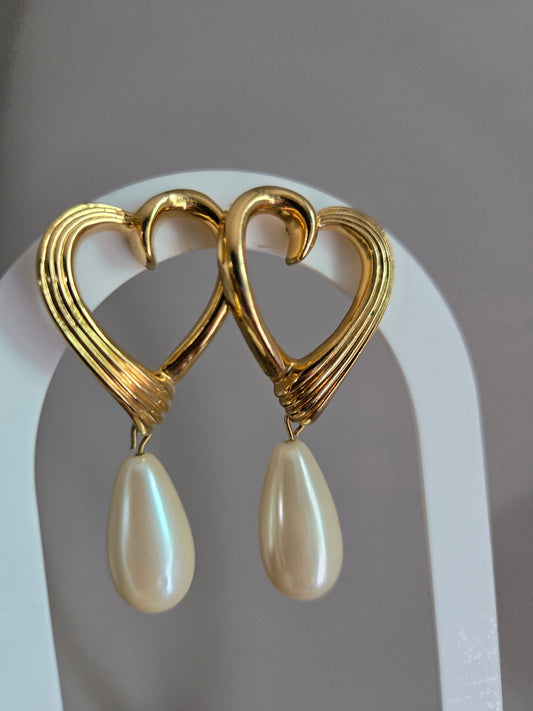 Avon Vintage Gold Tone Heart Earrings with Pearl Teardrops - Post Back