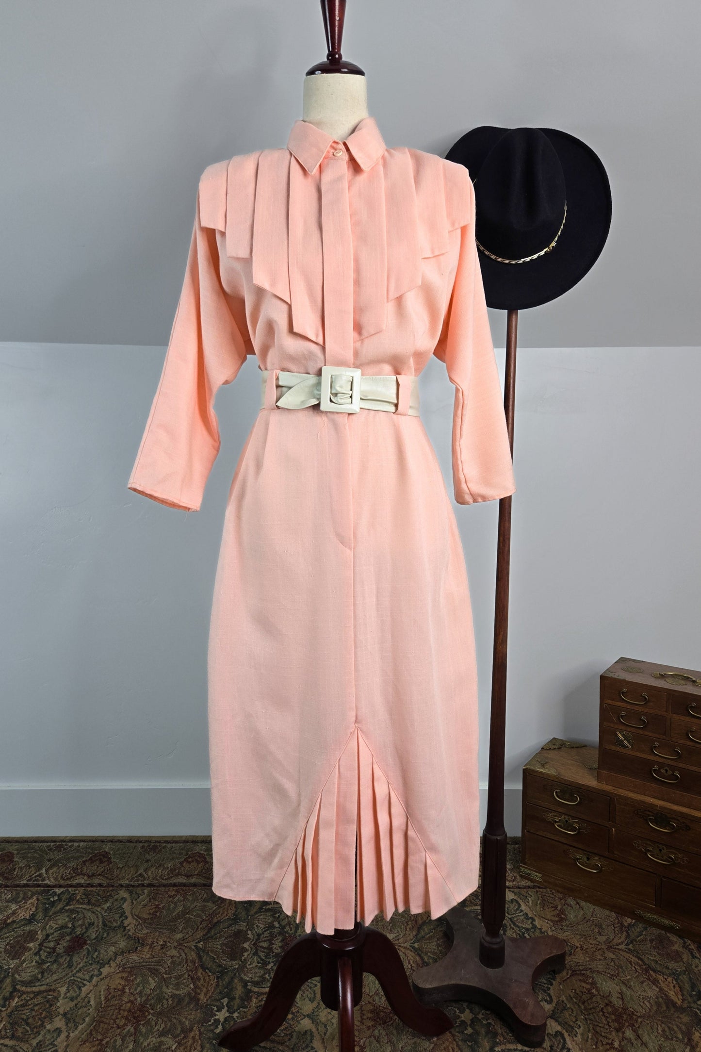 Bedford Fair Vintage 80s Pale Pink Pleated Dress - Medium