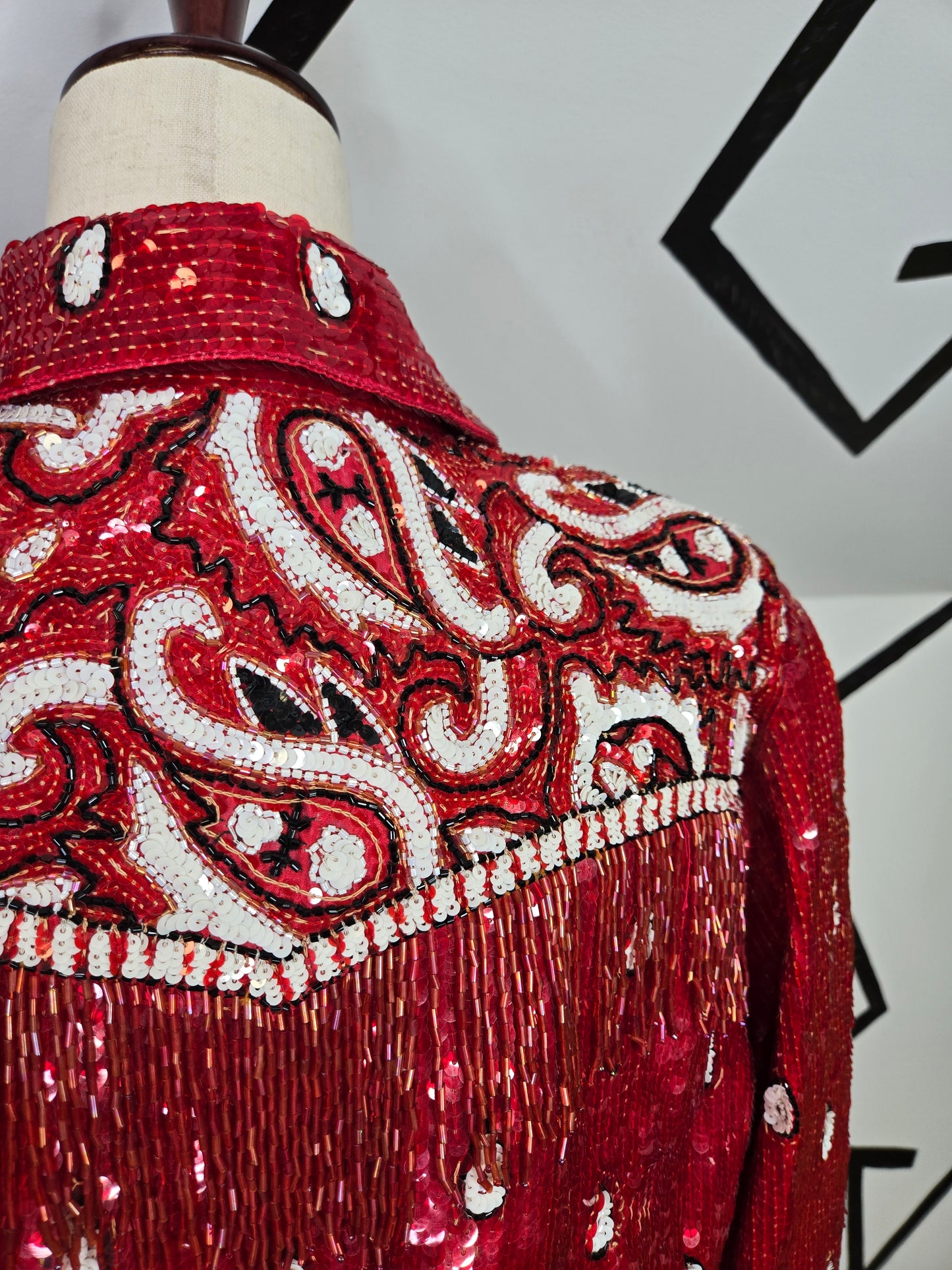 Lillie Rubin Vintage Sequin Western Crop Silk Jacket with Beaded Fringe - small