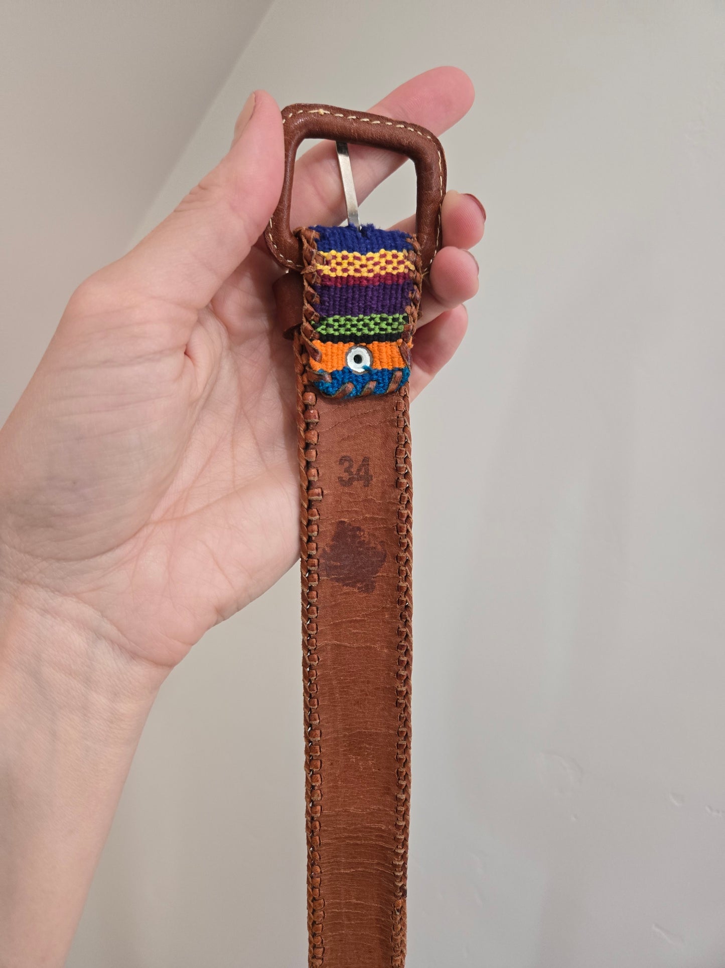Vintage Leather and Colorful Woven Belt - W32-36"