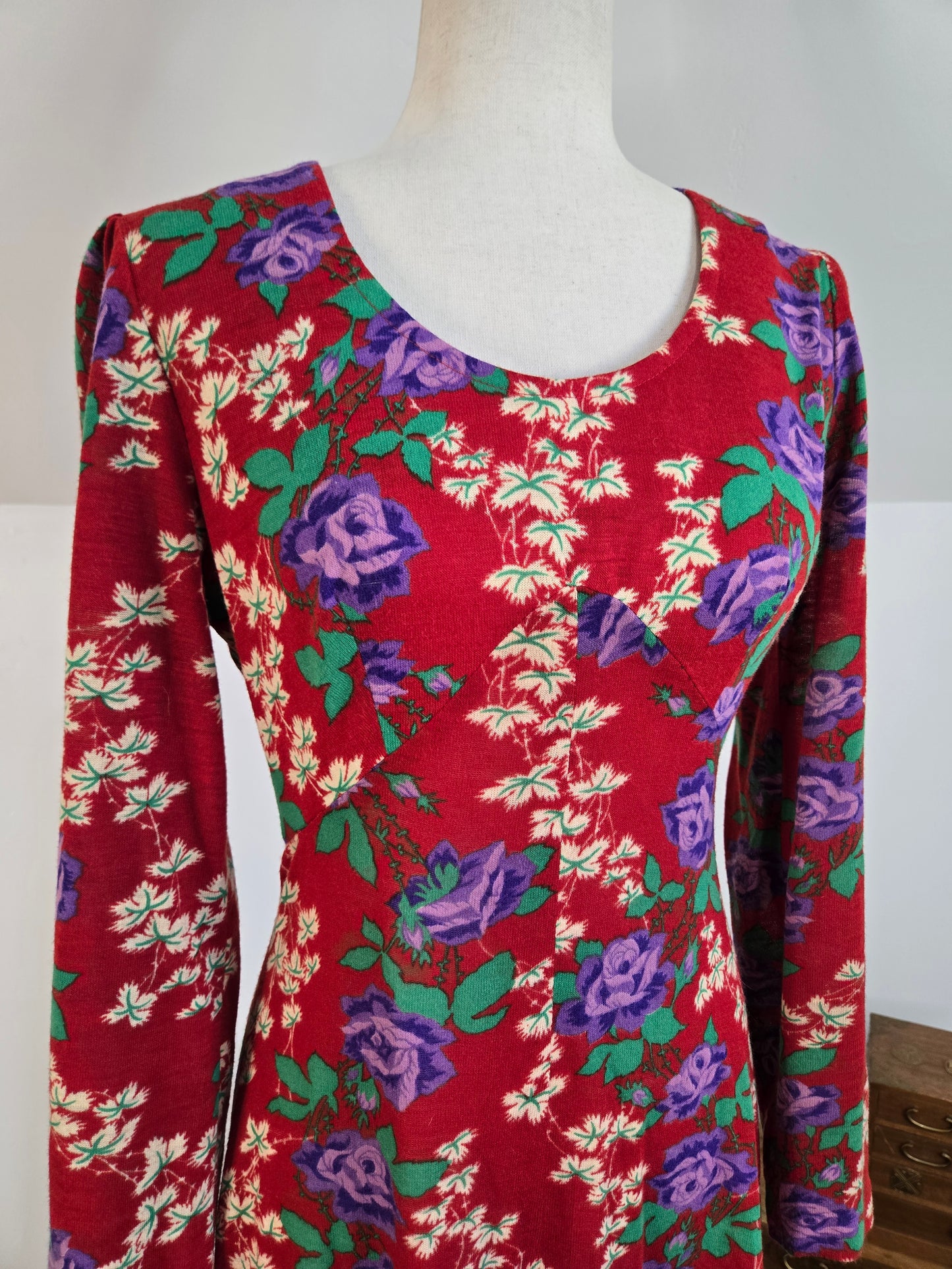 Vintage 70s Red Floral Psychedelic Print Maxi Dress - Small