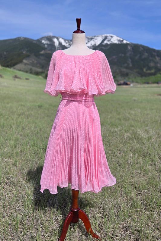 Miss Elliette Vintage 1960s Pink Polka Dot Pleated Flutter Dress - medium