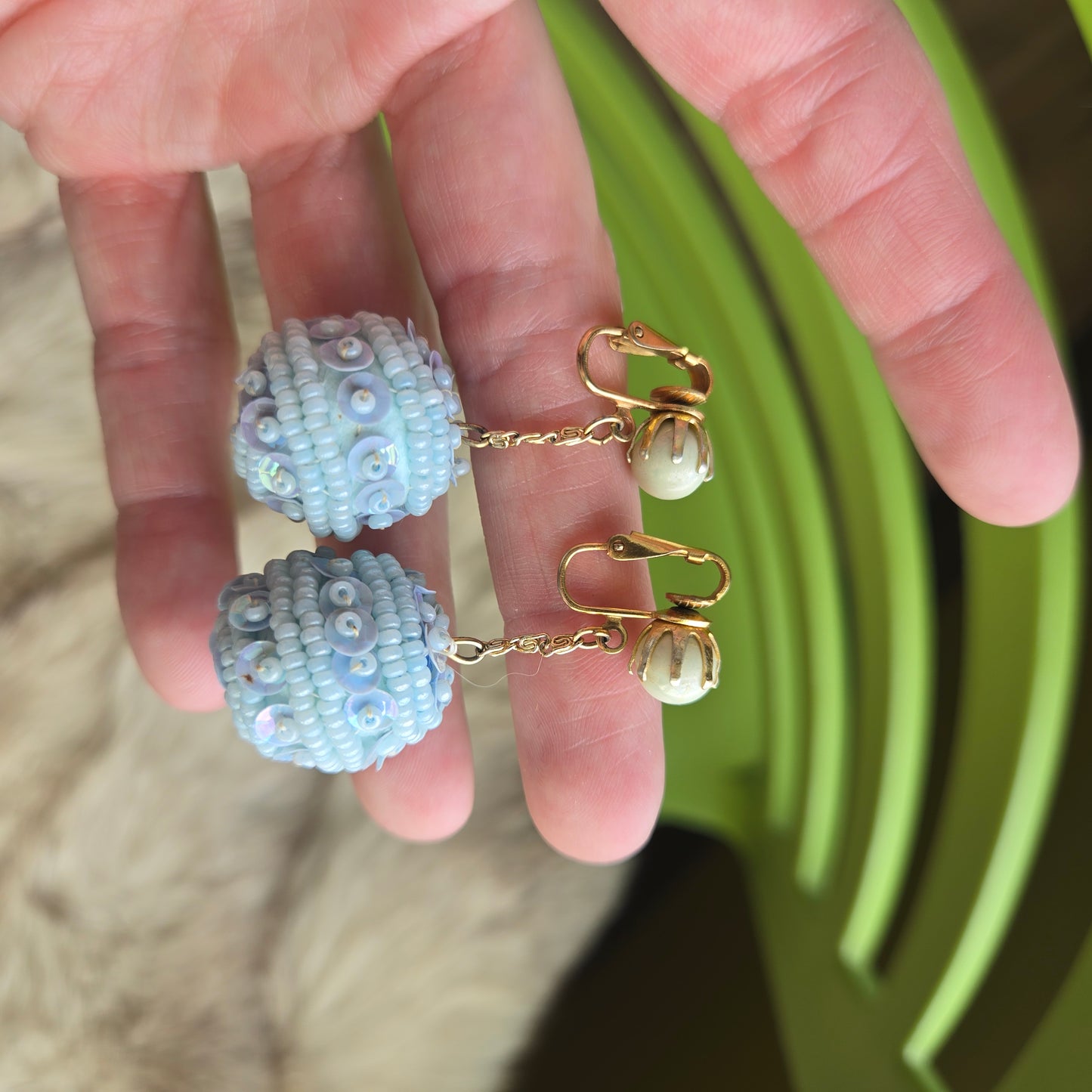 Made in Hong Kong Vintage Blue Sequin Disco Ball Earrings - Clip ons