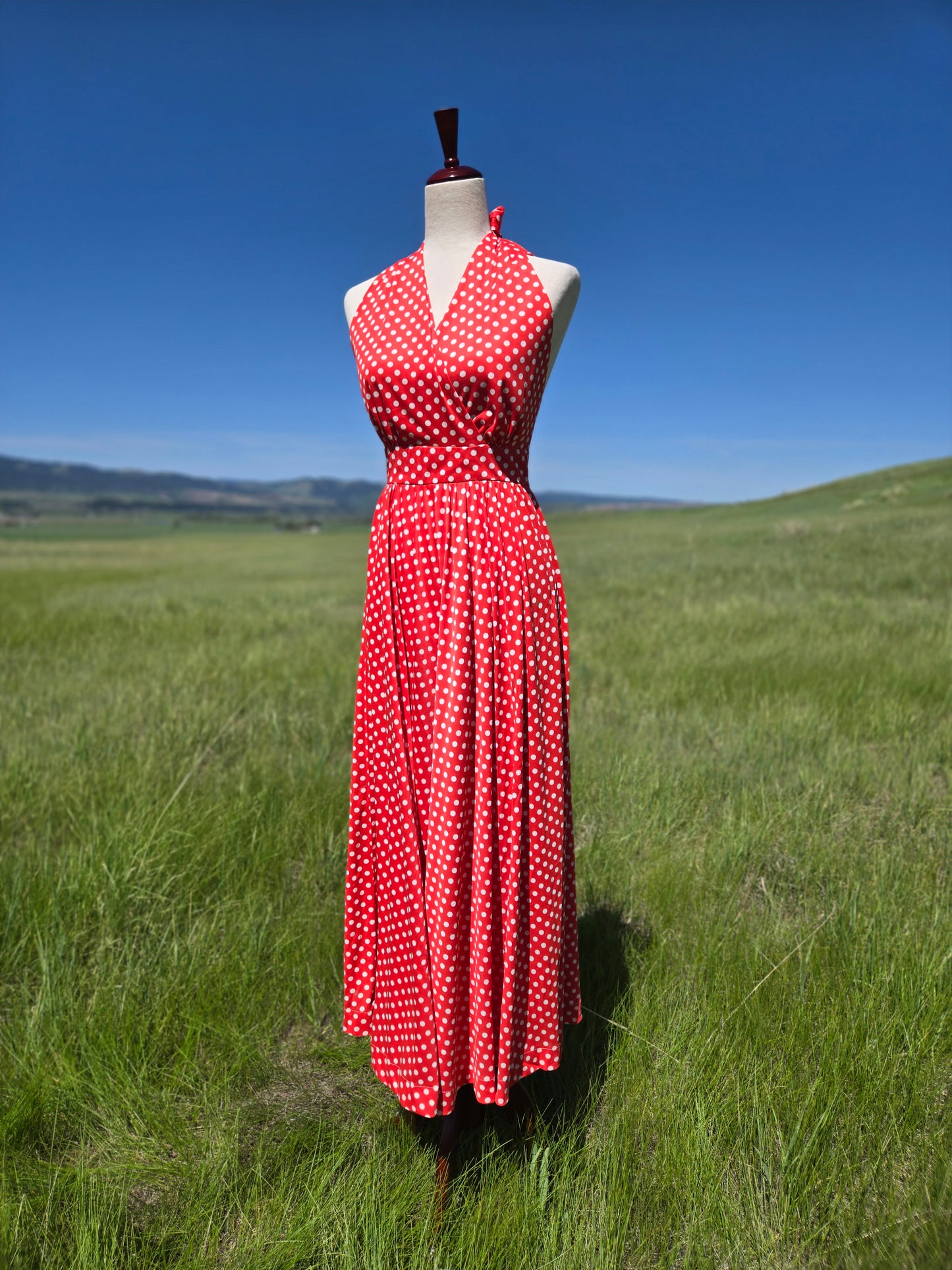 1960s Nylon Red and White Polka Dot Halter Dress - XS