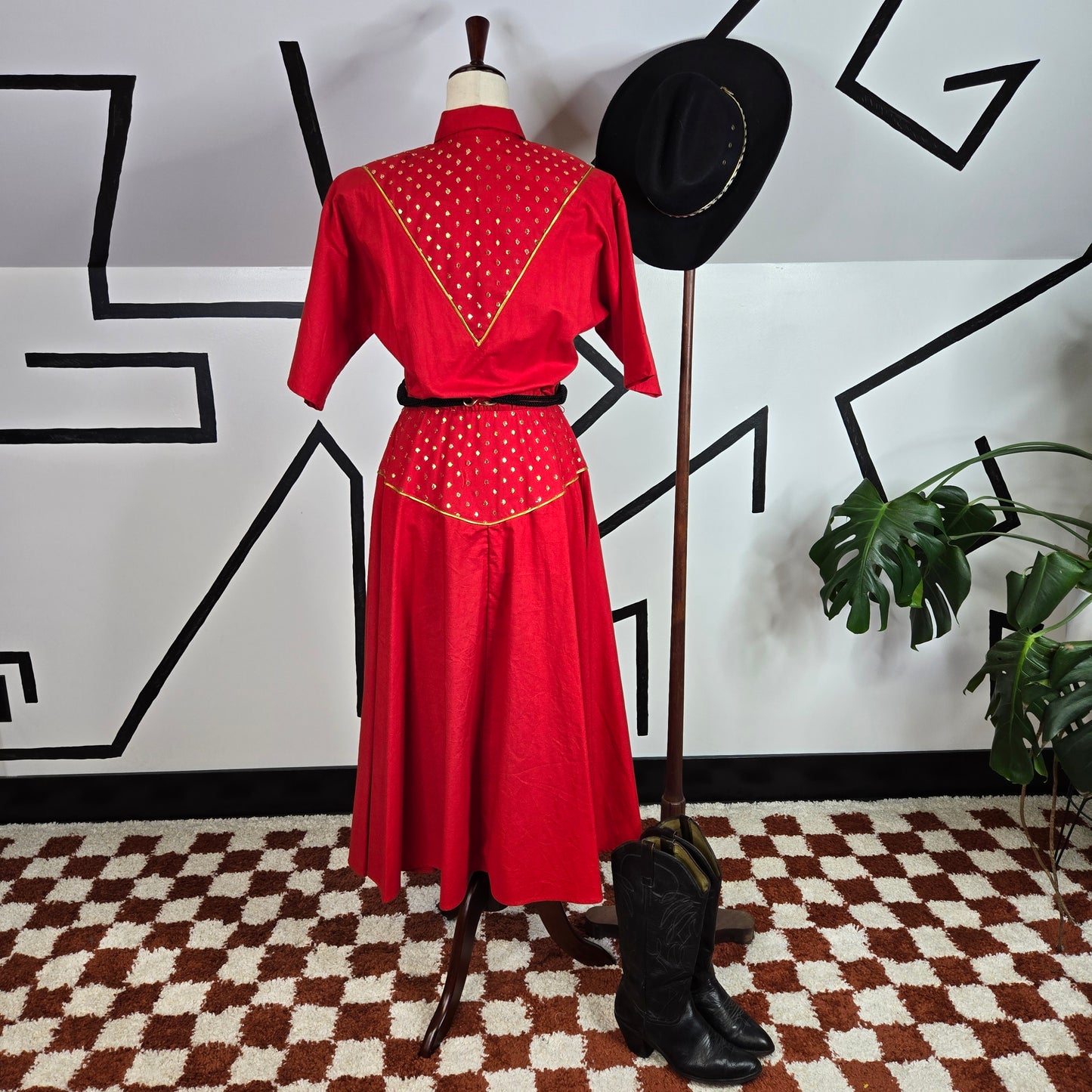 Lilia Smith Exclusive Vintage 70s Western Red and Gold Dress