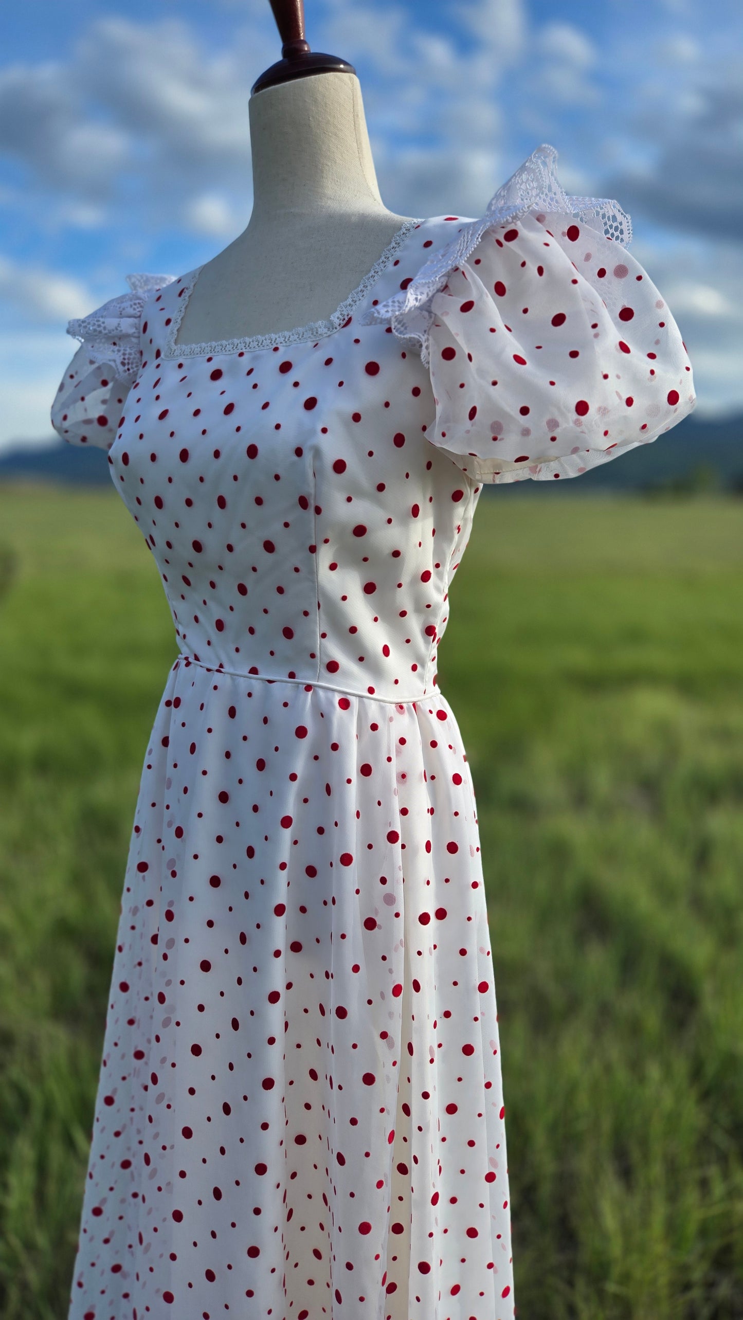 Nadine 1970s Formal/Party Dress with Red Velvet Polka Dots - Small
