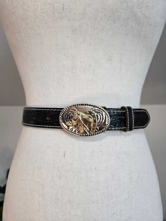 Tooled Leather Western Belt with Two Tone Horse Buckle - W29-33"