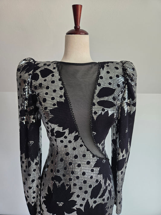 Miss Kansas Estate Black and Silver Janine Asymmetric Hem Dress Made in Italy - XS/S