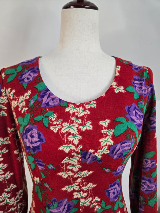 Vintage 70s Red Floral Psychedelic Print Maxi Dress - Small