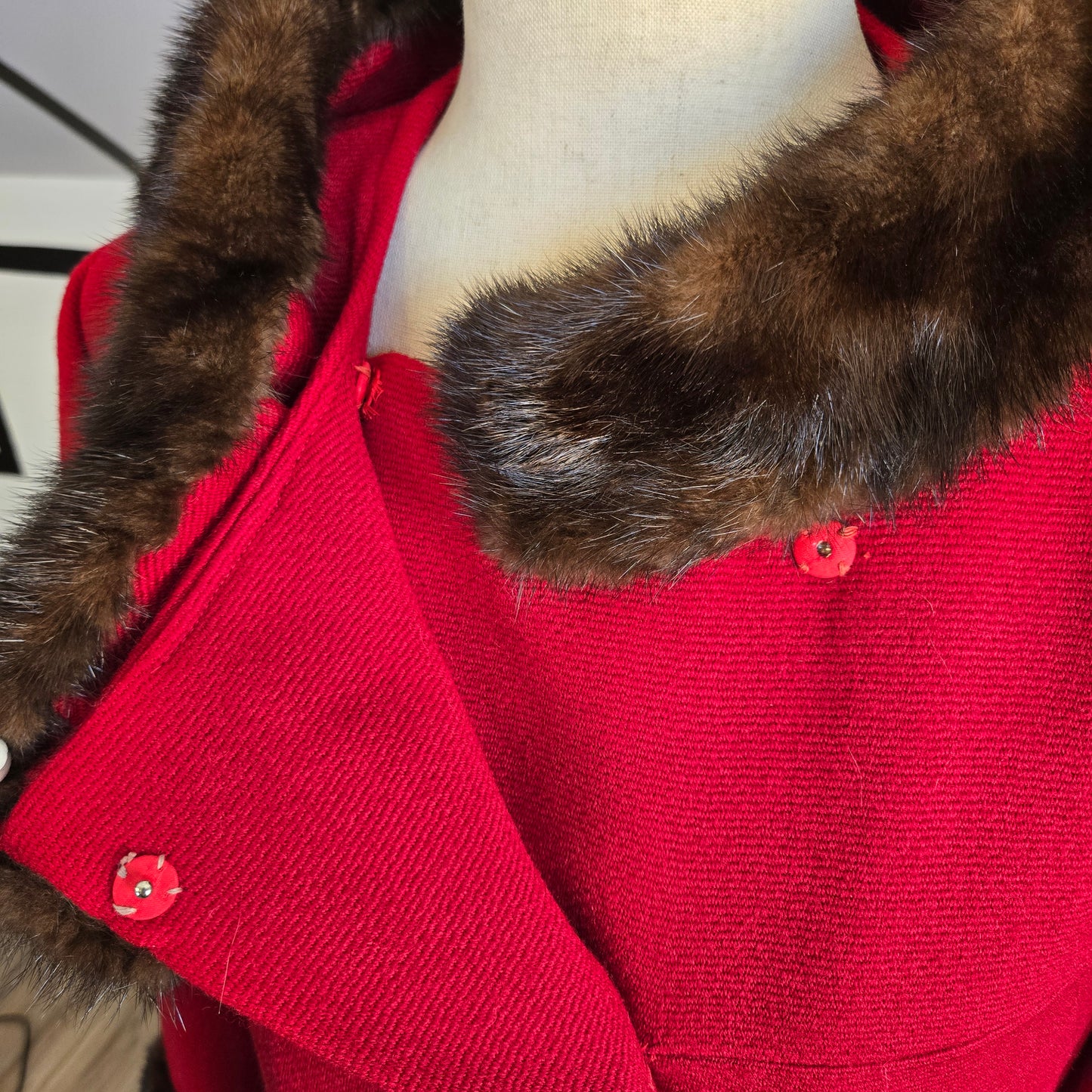 Holly Gab 1960s Red Australian Worsted Wool and Mink Fur Swing Coat - Medium
