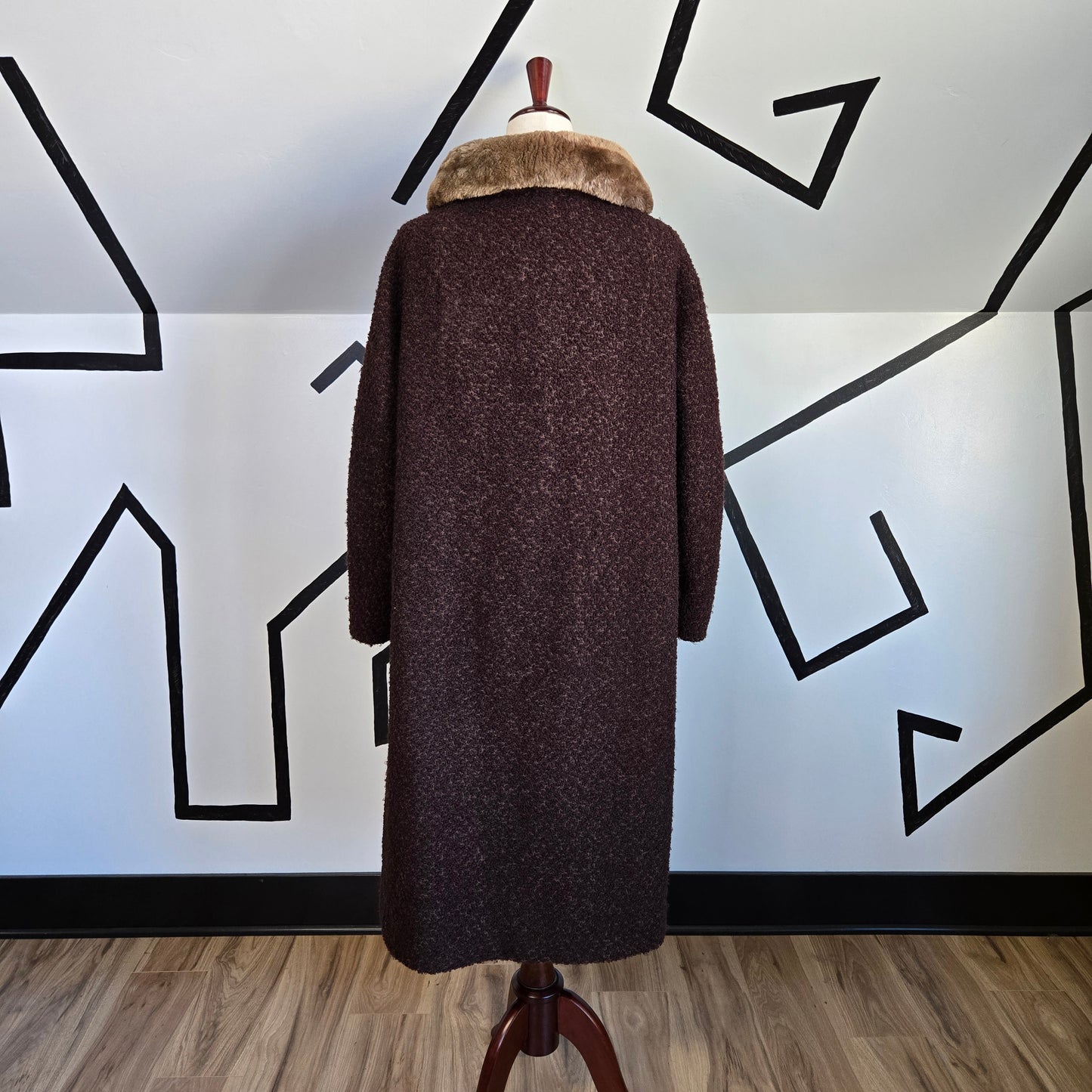 Vintage 1950s Union Made Curly Wool Peacoat with Brown Fur Collar - Large