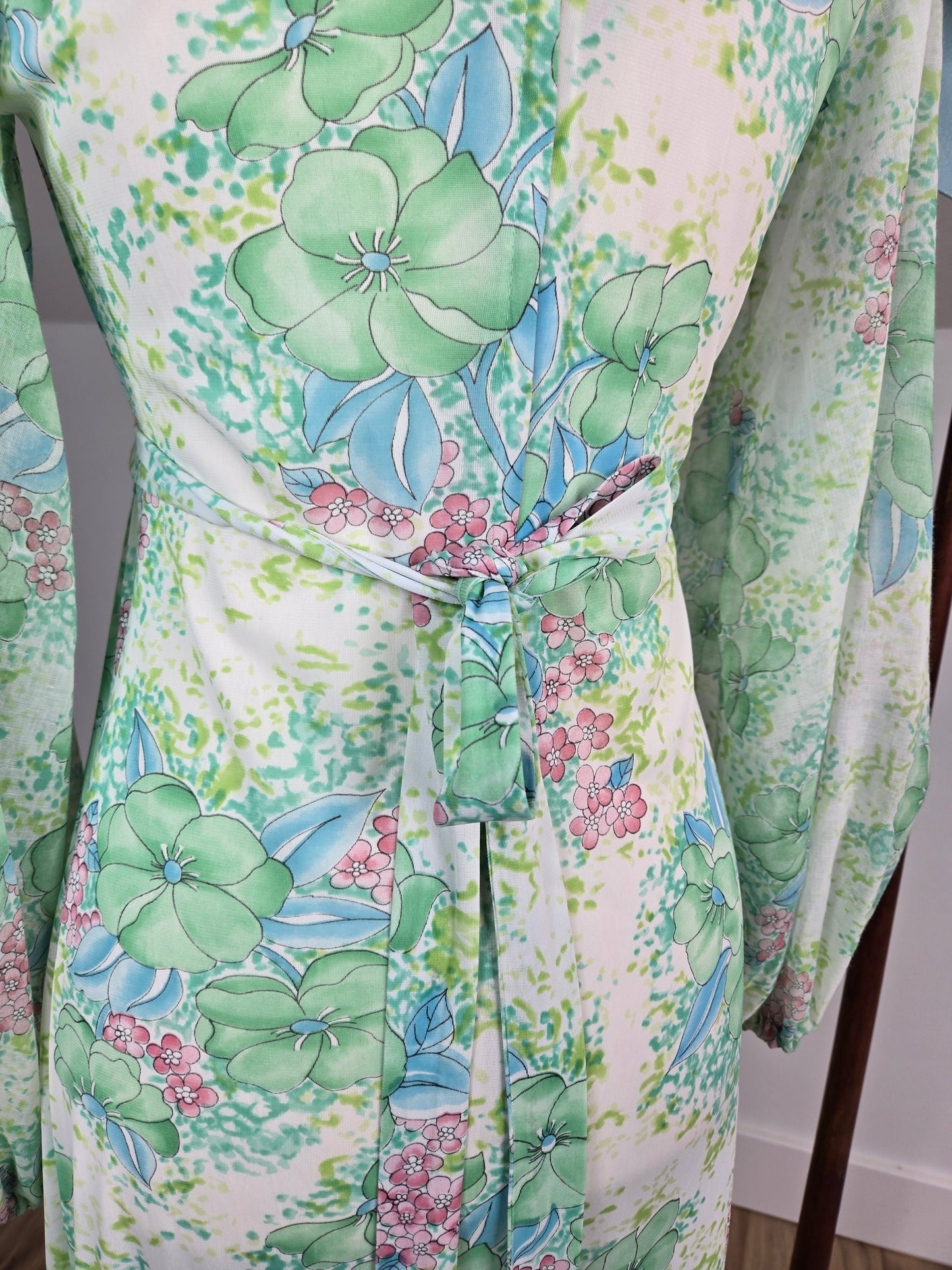 Vintage Mint Green Floral Gypsy Sleeve Dress - Small