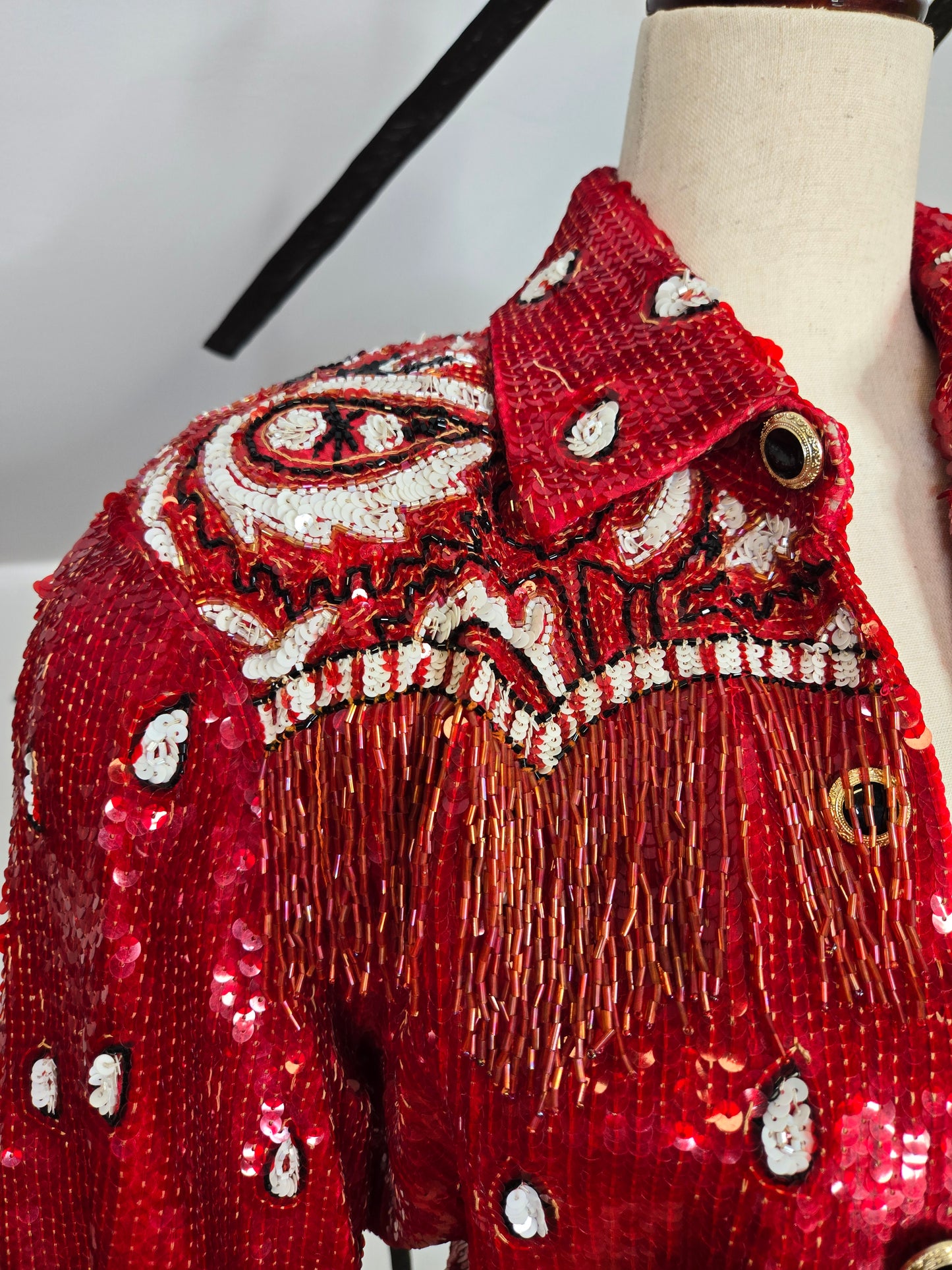 Lillie Rubin Vintage Sequin Western Crop Silk Jacket with Beaded Fringe - small