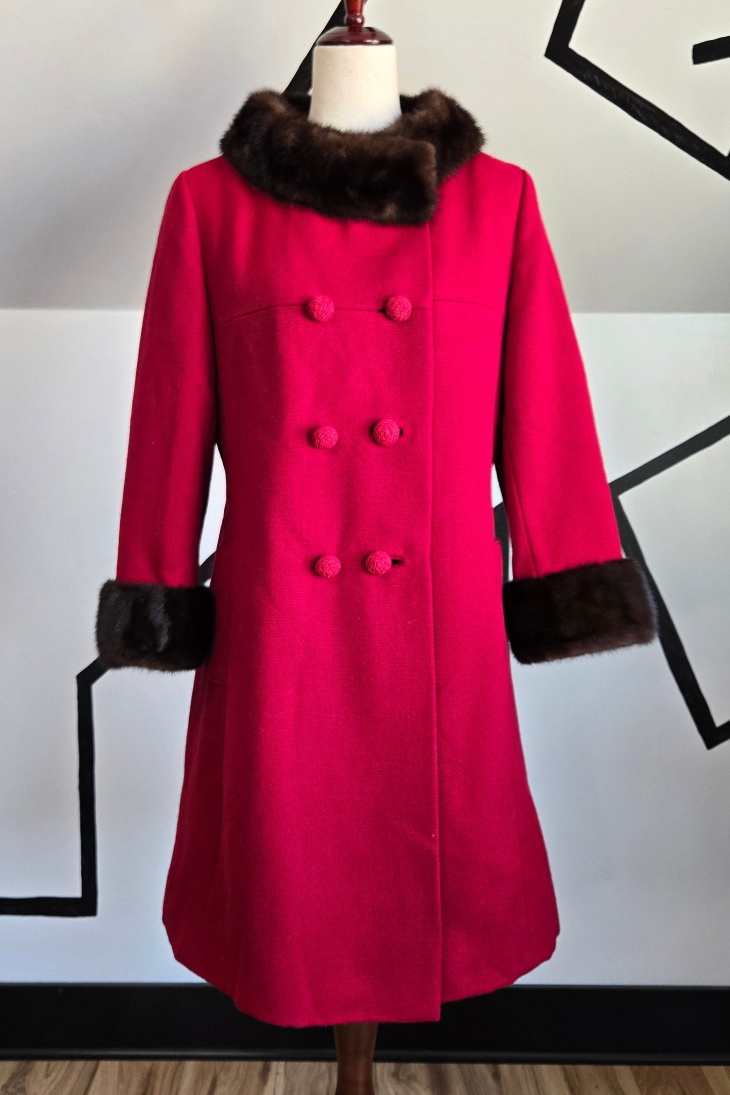 Holly Gab 1960s Red Australian Worsted Wool and Mink Fur Swing Coat - Medium