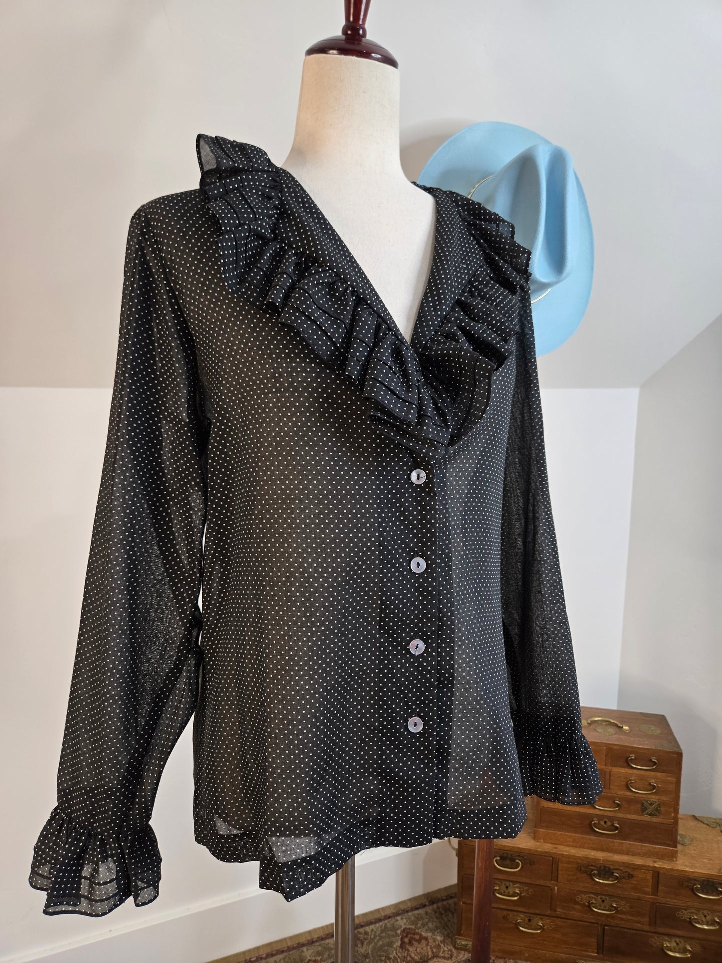 Na'Ma of California 70s Black Tiny Polka Dot Ruffle Top - medium