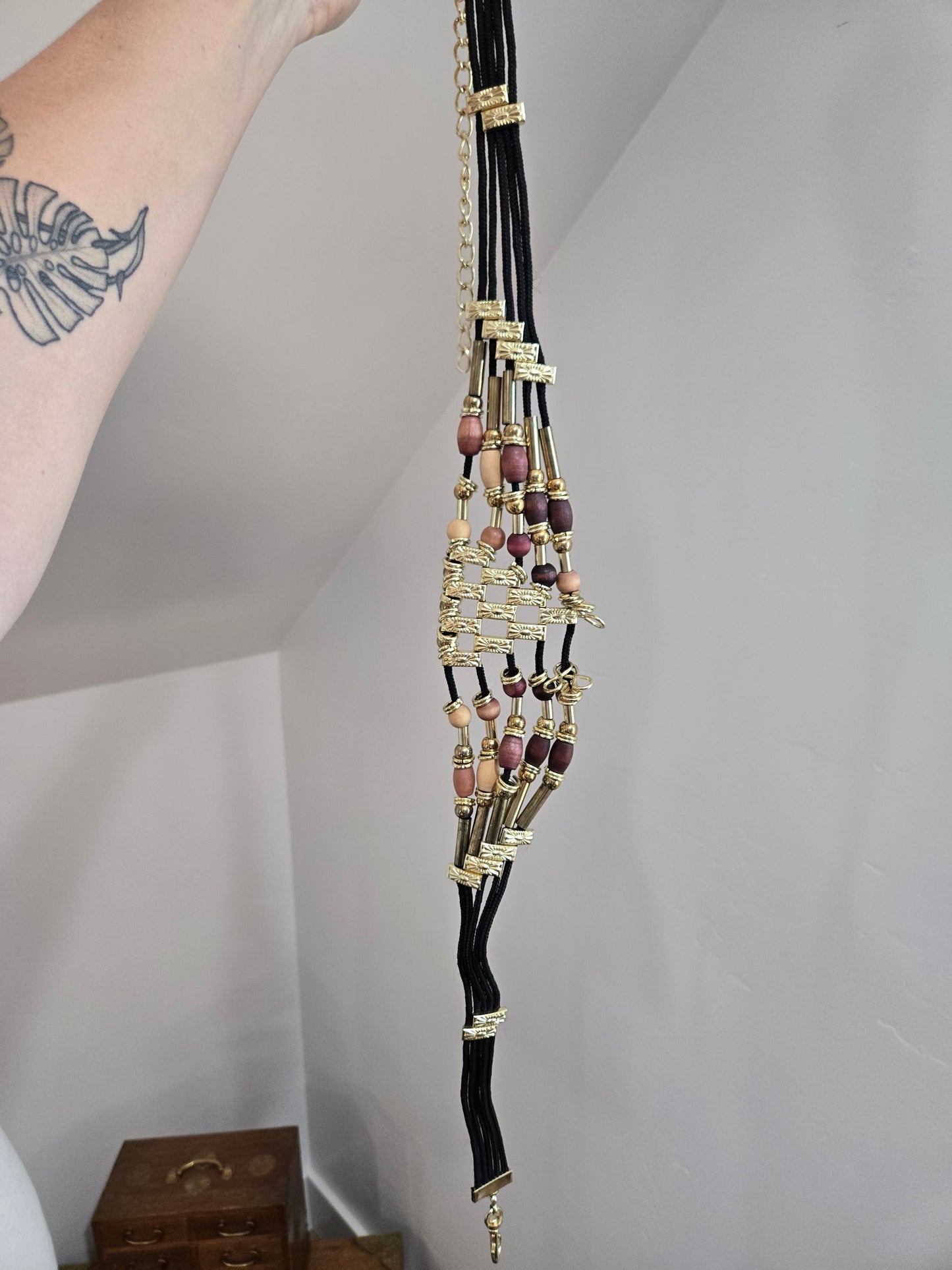 Vintage 80s Boho Wood and Gold Tone Bead Belt - W31-40"