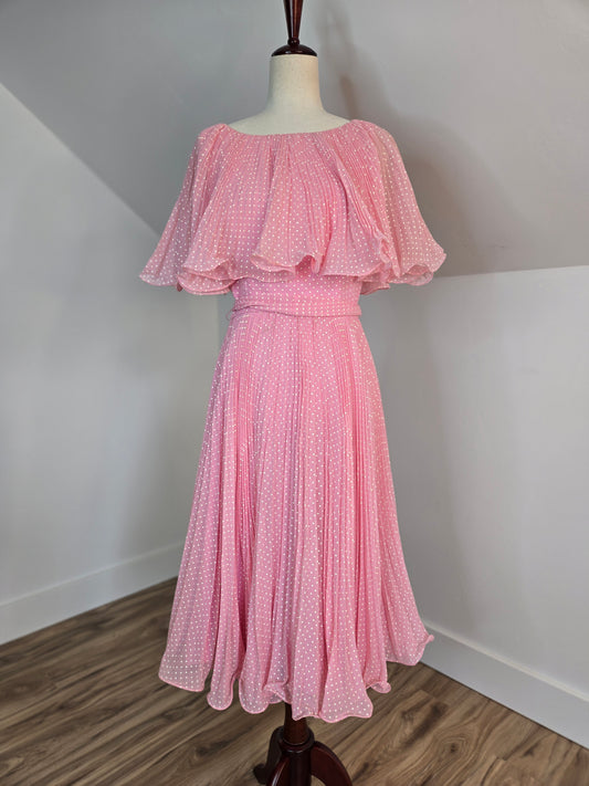 Miss Elliette Vintage 1960s Pink Polka Dot Pleated Flutter Dress - medium