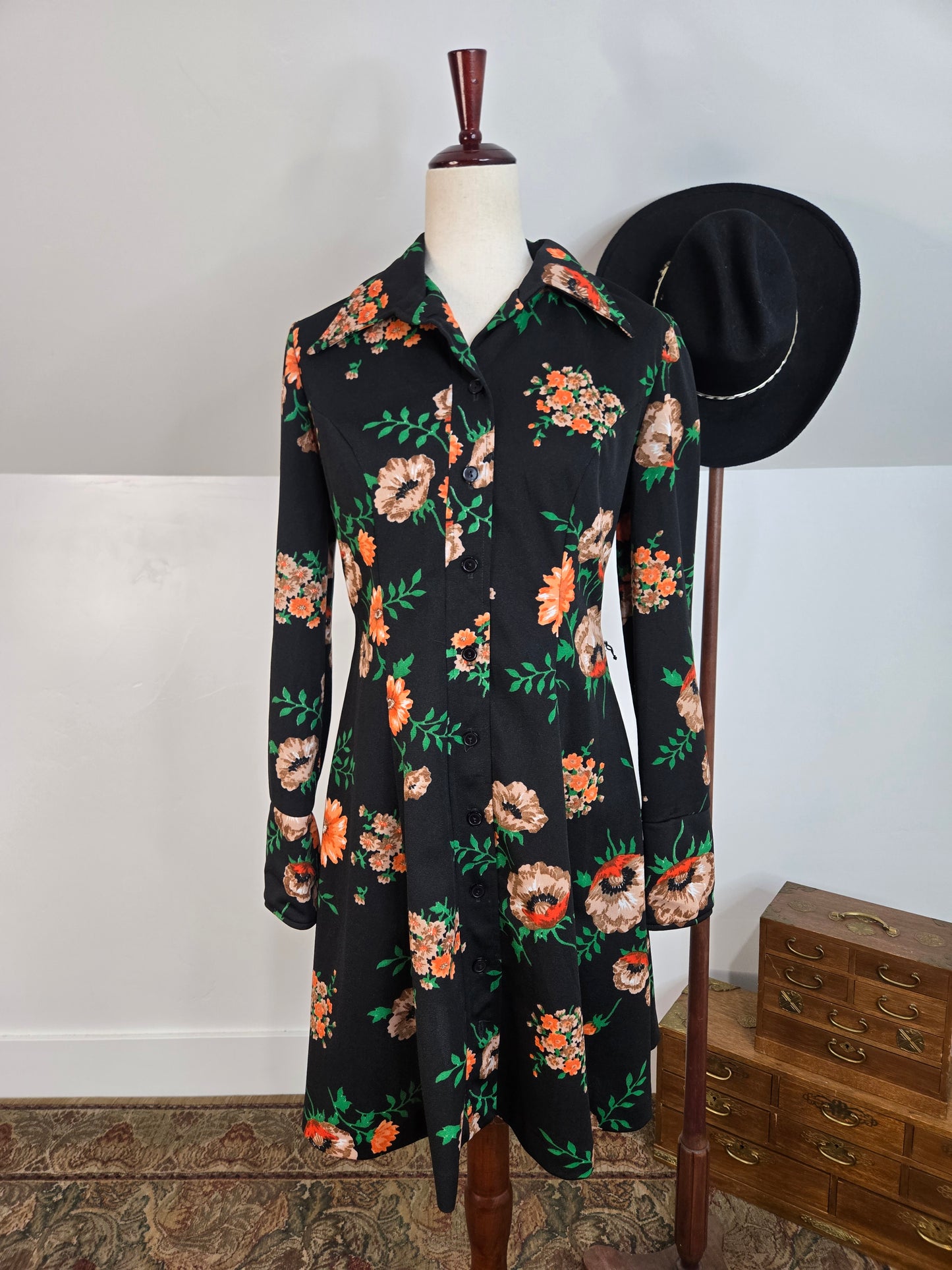 Vintage 70s Black Floral Union Made Mini Dress - medium