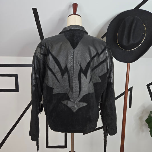 M. Julian 80s Vintage Black Suede Leather Fringe Jacket - Size 42