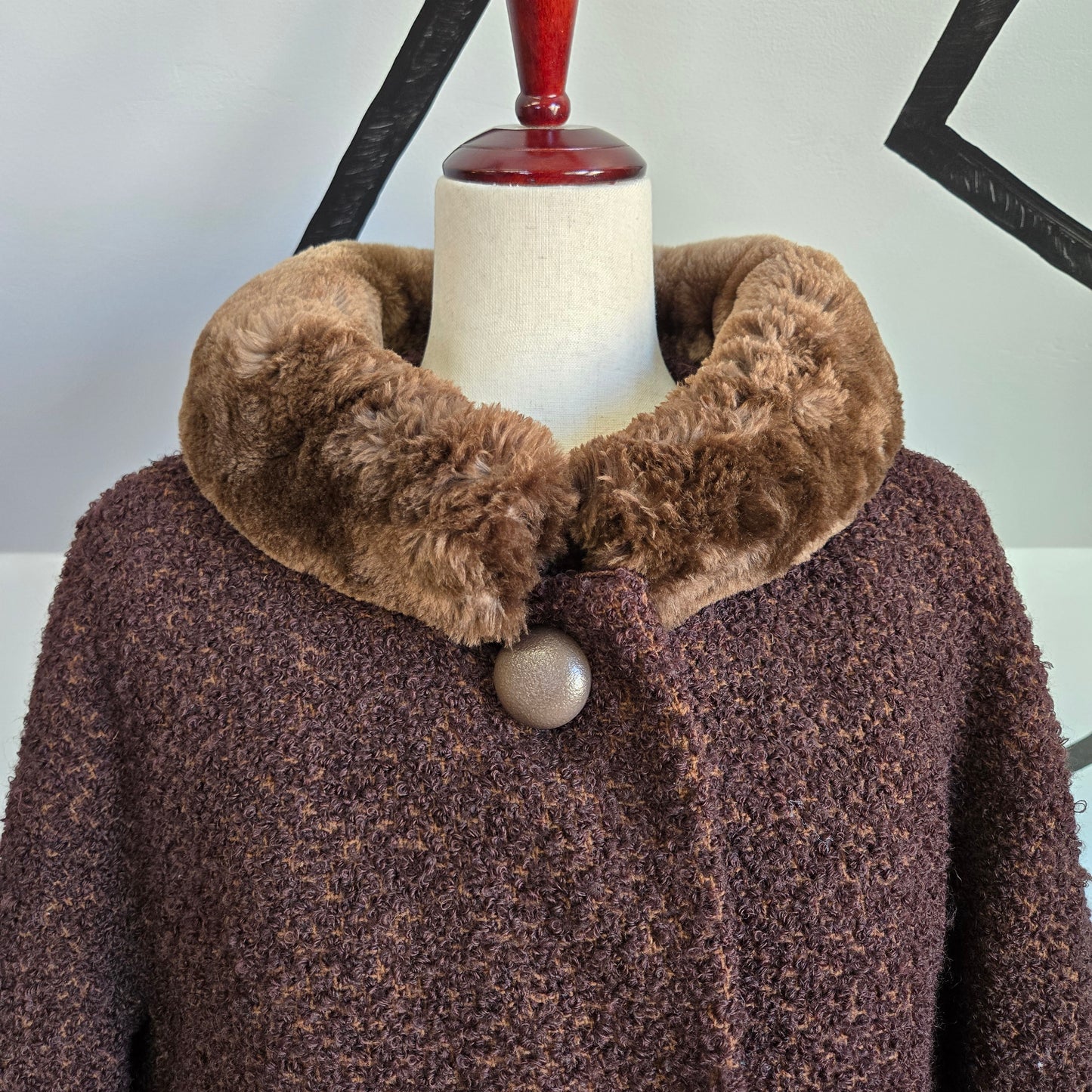 Vintage 1950s Union Made Curly Wool Peacoat with Brown Fur Collar - Large