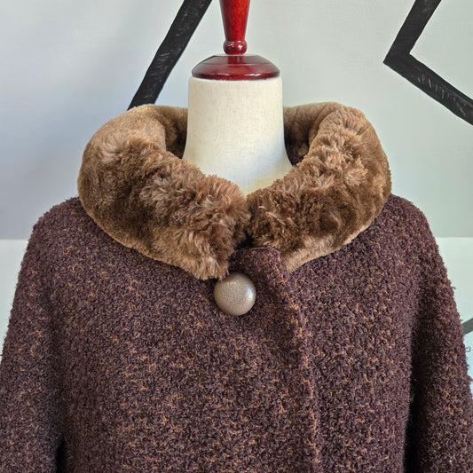 Vintage 1950s Union Made Curly Wool Peacoat with Brown Fur Collar - Large