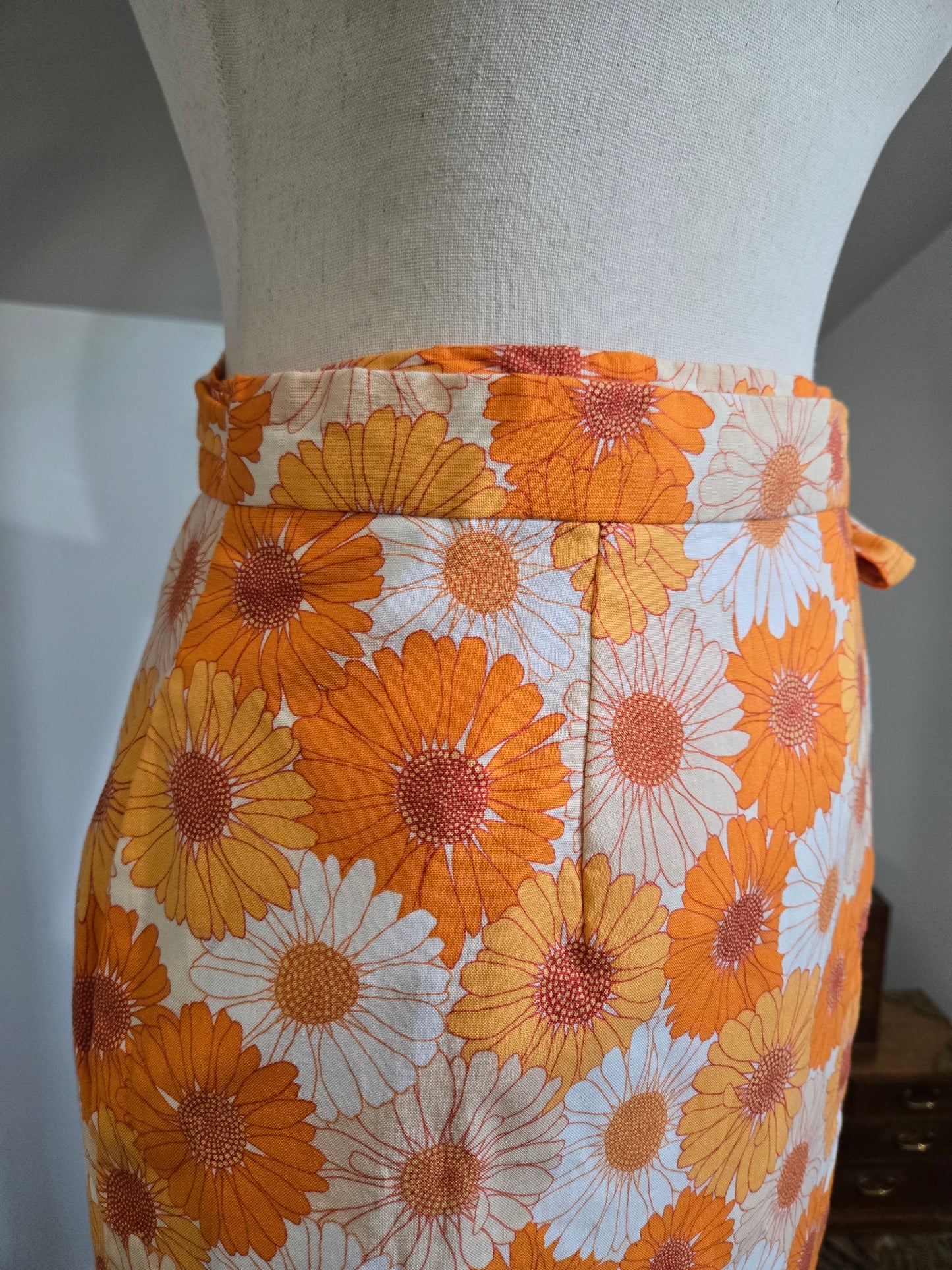Vintage Orange Cotton Flower Power Wrap Skirt - S/M