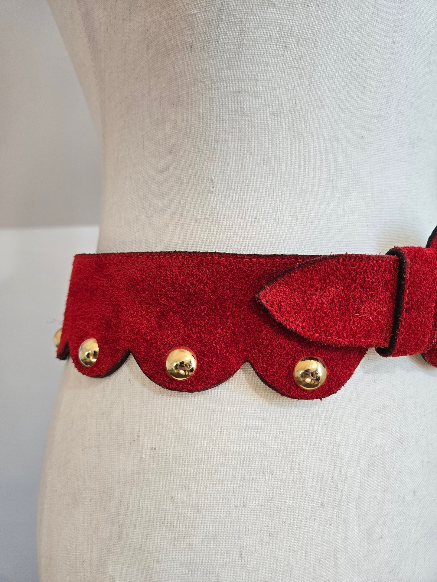 Vintage Genuine Red Suede Leather Belt with Gold Studs - W30-32"