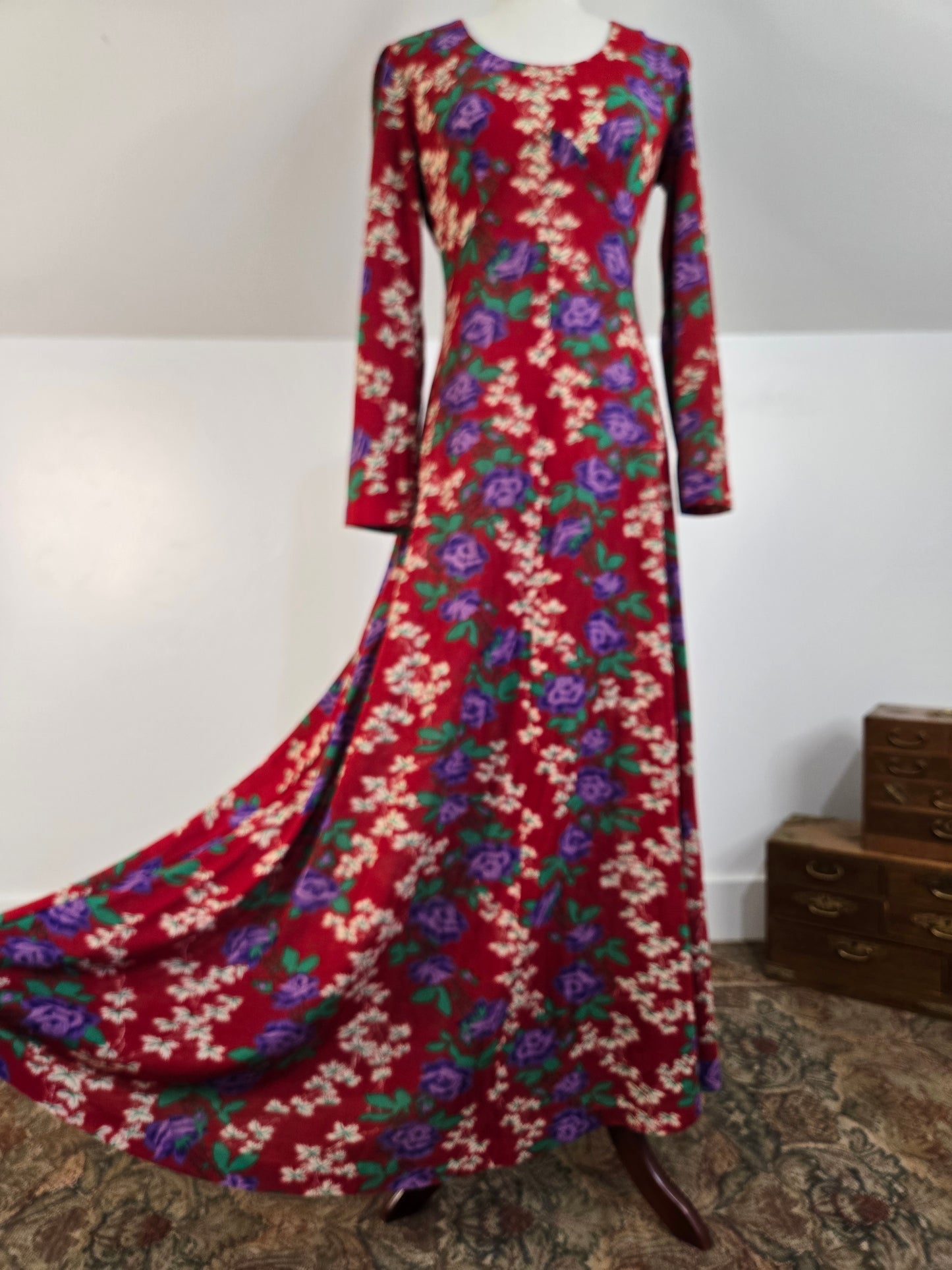 Vintage 70s Red Floral Psychedelic Print Maxi Dress - Small
