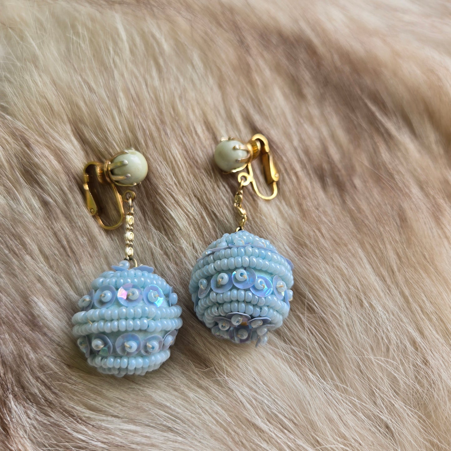 Made in Hong Kong Vintage Blue Sequin Disco Ball Earrings - Clip ons